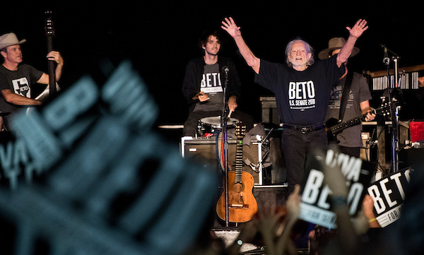 UNITED STATES - SEPTEMBER 29: Wille Nelson waves to the crowd aftwer his final song during Beto O'Rourke's Turn out For Texas Rally, featuring a concert by Wille Nelson, in Austin, Texas on Saturday, Sept. 29, 2018. (Photo By Bill Clark/CQ Roll Call)