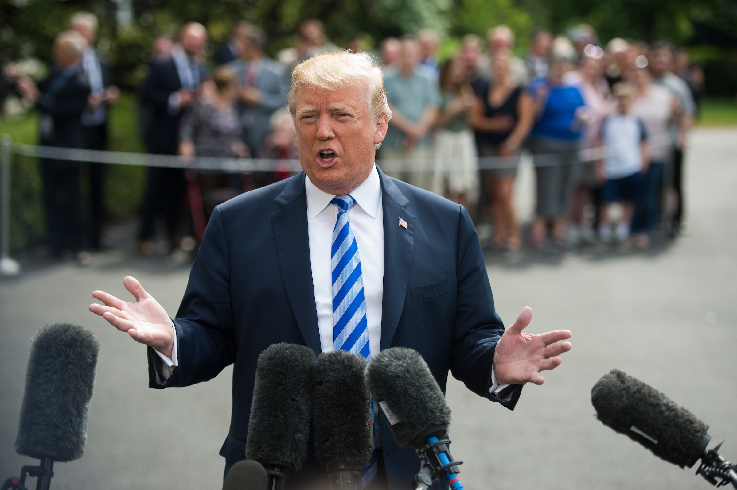 President Donald Trump addresses the press before departing for Dallas, Texas where he will make an appearance at at the National Rifle Association convention on May 4, 2018. (Sarah Silbiger/CQ Roll Call)