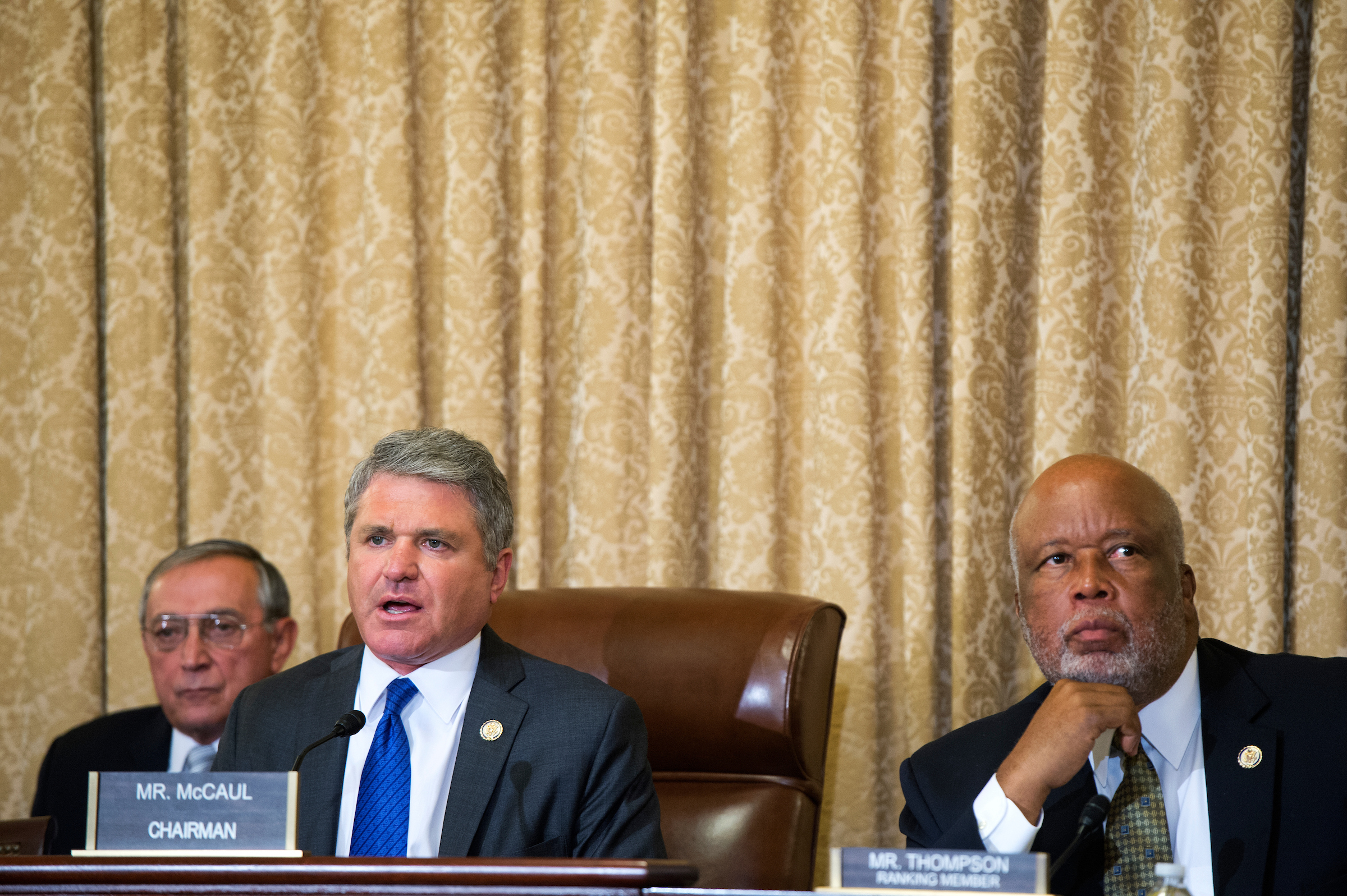 The House Homeland Security Committee approved a Senate bill last week that would set up a bug bounty program at the Department of Homeland Security. Above, Chairman Michael McCaul, R-Texas, and ranking member Bennie Thompson, D-Miss., at a 2014 hearing. (Tom Williams/CQ Roll Call file photo)