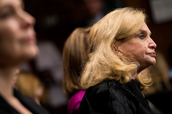 UNITED STATES - SEPTEMBER 27: A tears runs down the cheek of Rep. Carolyn Maloney, D-N.Y., as Dr. Christine Blasey Ford testifies during the Senate Judiciary Committee hearing on the nomination of Brett M. Kavanaugh to be an associate justice of the Supreme Court of the United States, focusing on allegations of sexual assault by Kavanaugh against Christine Blasey Ford in the early 1980s. (Photo By Tom Williams/CQ Roll Call/POOL)