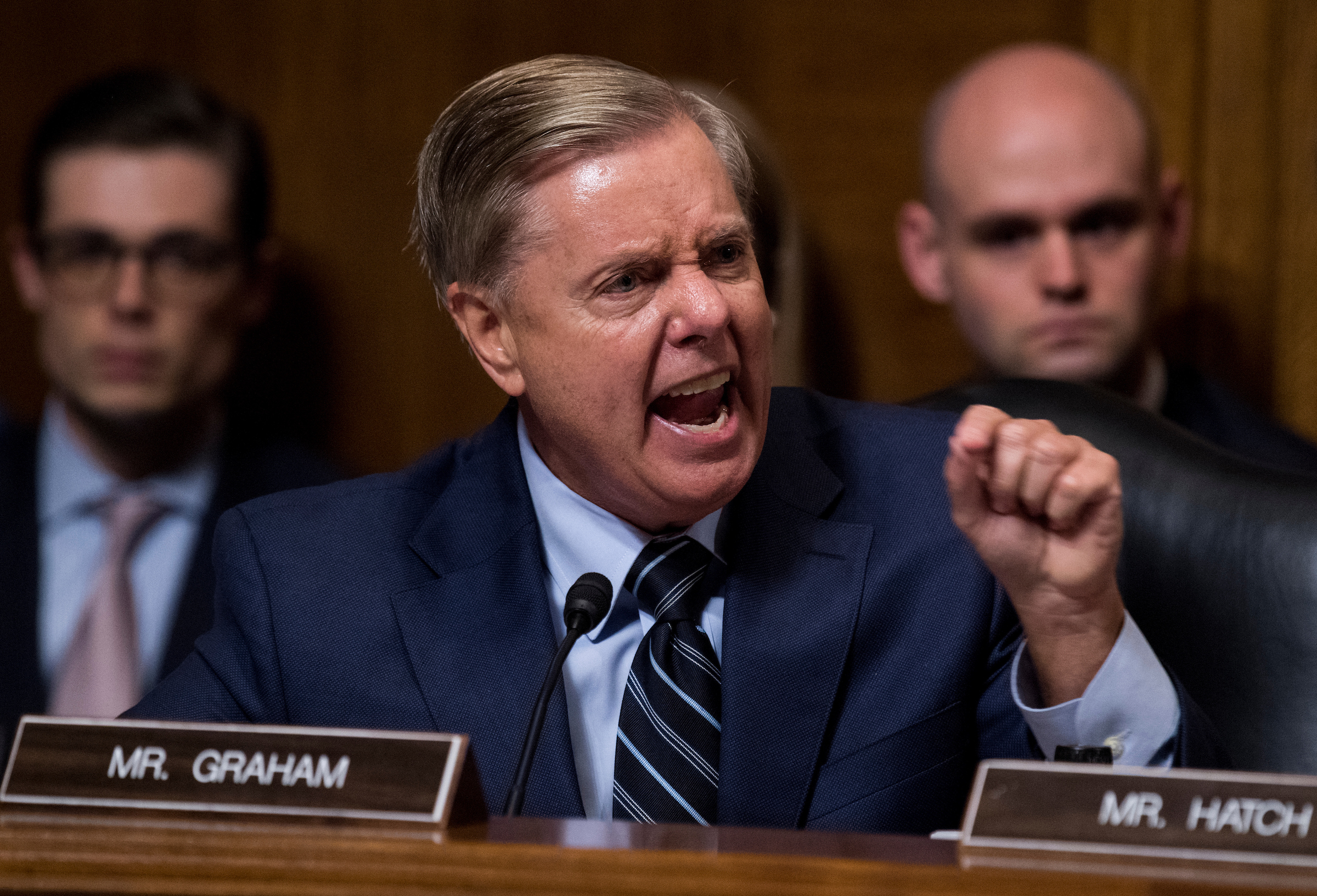 Republican Sen. Lindsey Graham points at the Democrats on Thursday as he shouts at his Democratic colleagues as he questions Supreme Court nominee Brett Kavanaugh. (Tom Williams/CQ Roll Call/POOL)