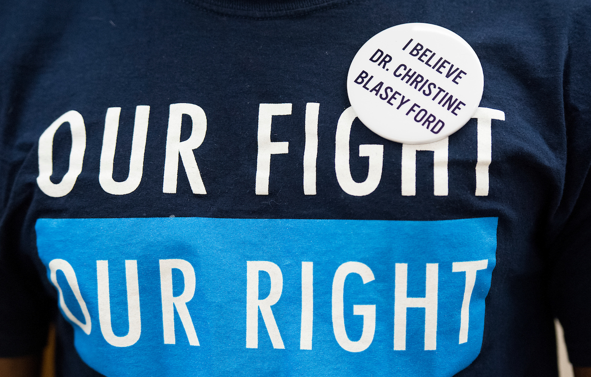 Buttons worn in support of Dr. Ford harken back to similar pins worn in to show support for Anita Hill in 1991. (Photo By Bill Clark/CQ Roll Call)