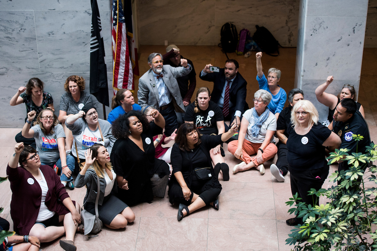 Demonstrators protested outside Senate Judiciary Chairman Charles E. Grassley's office in Hart. (Photo By Bill Clark/CQ Roll Call)