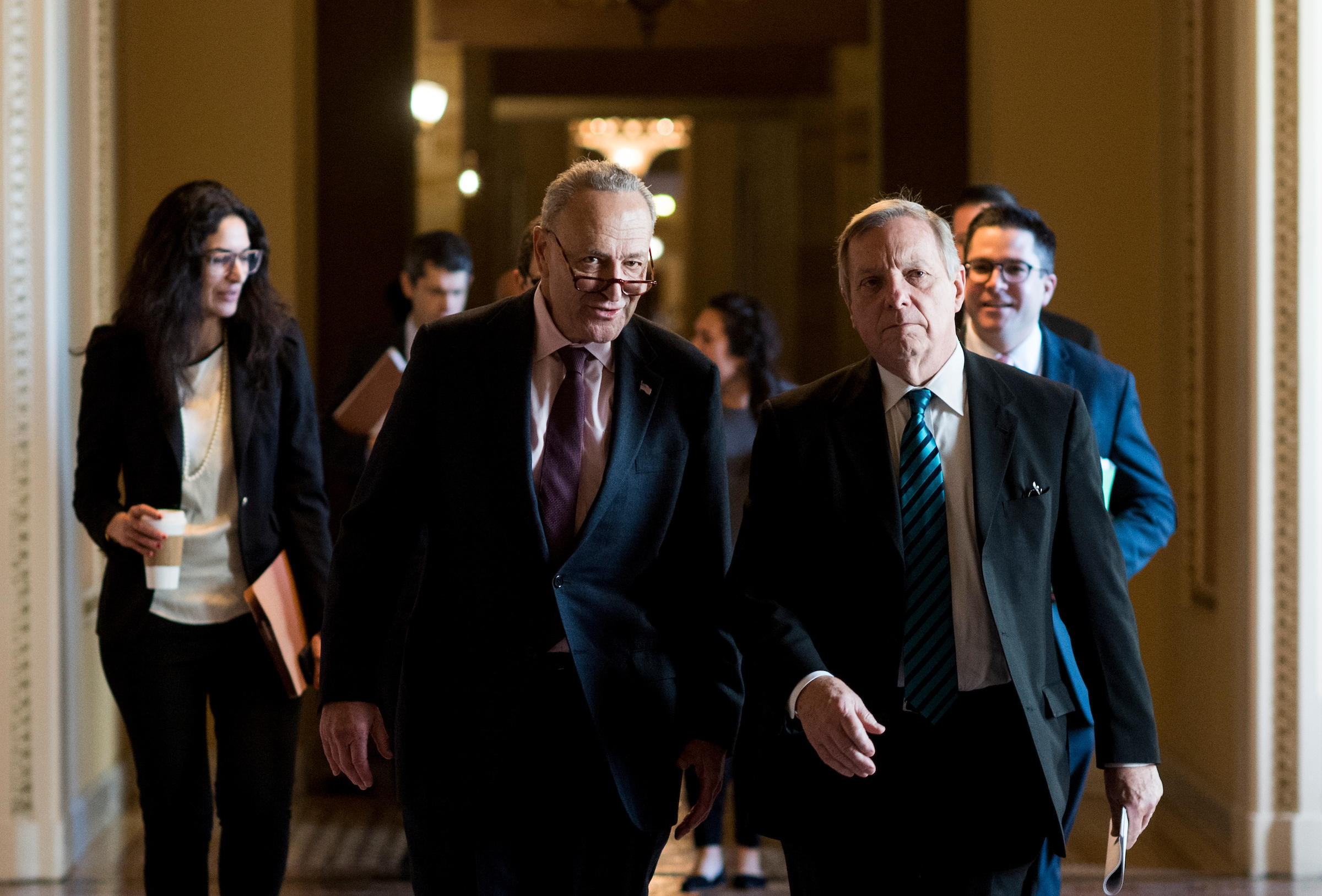 UNITED STATES - DECEMBER 1: Senate Minority Leader Chuck Schumer, D-N.Y., and Sen. Richard Durbin, D-Ill., talk as they walk through the Capitol before a procedural vote on tax reform in the Capitol on Friday, Dec. 1, 2017. (Photo By Bill Clark/CQ Roll Call)