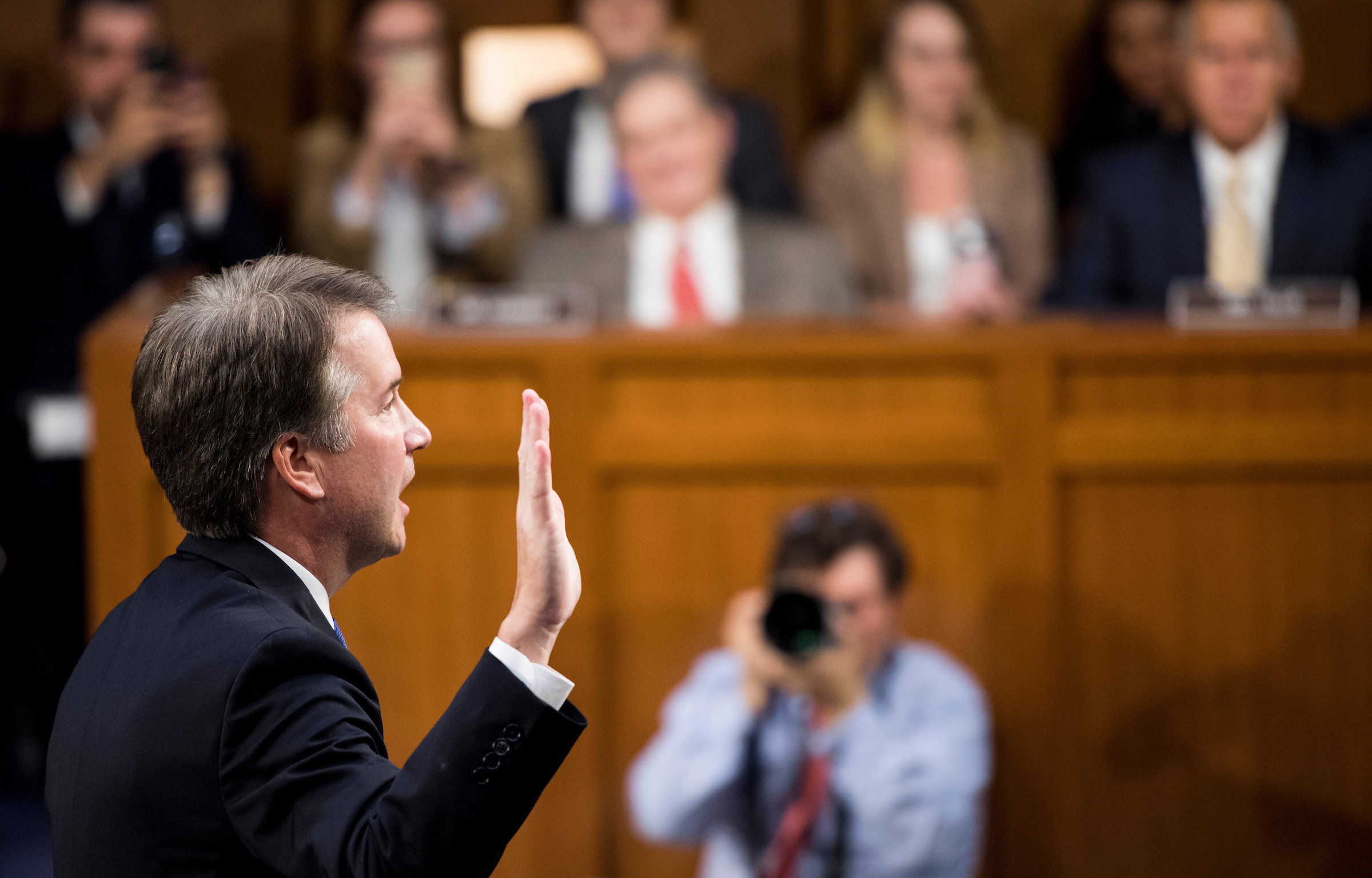 Supreme Court nominee Brett Kavanaugh is sworn in during his confirmation hearing before the Senate Judiciary Committee on Tuesday. (Photo By Bill Clark/CQ Roll Call)