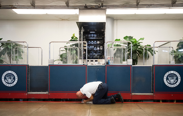 UNITED STATES - SEPTEMBER 18: Capitol workers try to fix a mechanical issue on one of the Russell Senate subway cars on Tuesday, Sept. 18, 2018. (Photo By Bill Clark/CQ Roll Call)