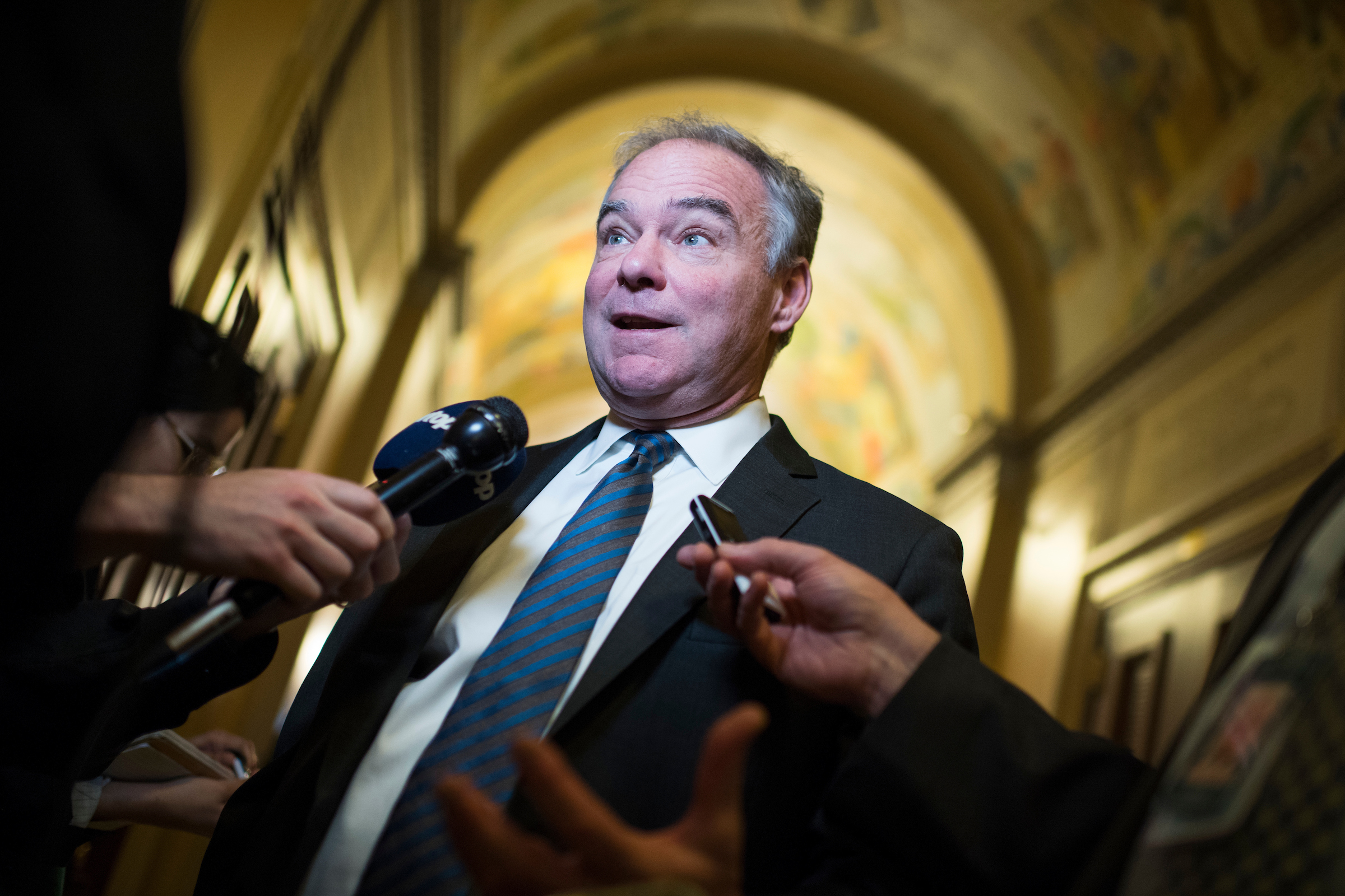 Sen. Tim Kaine, D-Va., talks with the media after a meeting with Virginia Gov. Ralph Northam. (Tom Williams/CQ Roll Call file photo)