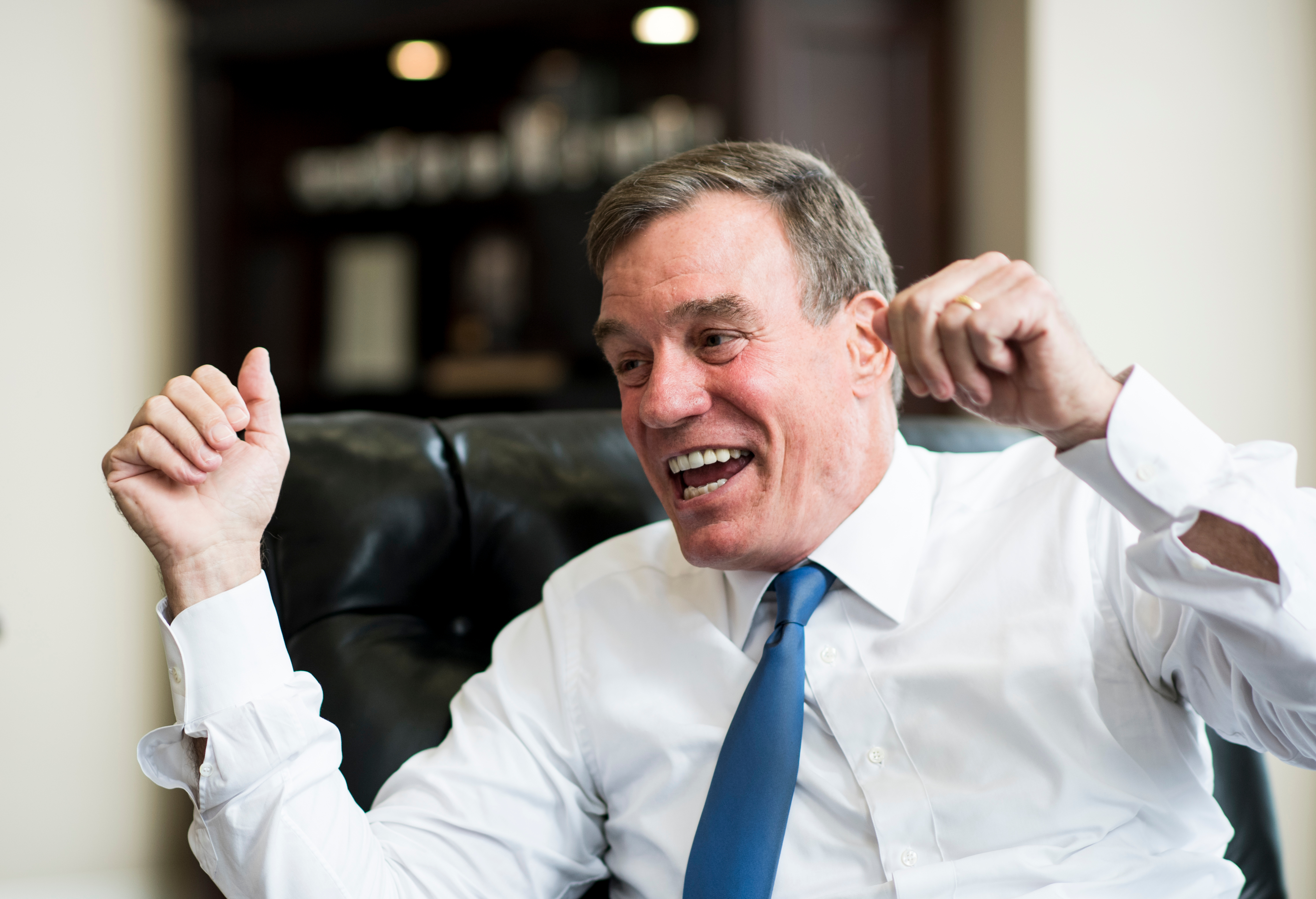 Sen. Mark Warner, D-Va., speaks with Roll Call in his office in the Hart Senate Office Building on Tuesday, Sept. 25, 2018. (Photo By Bill Clark/CQ Roll Call)
