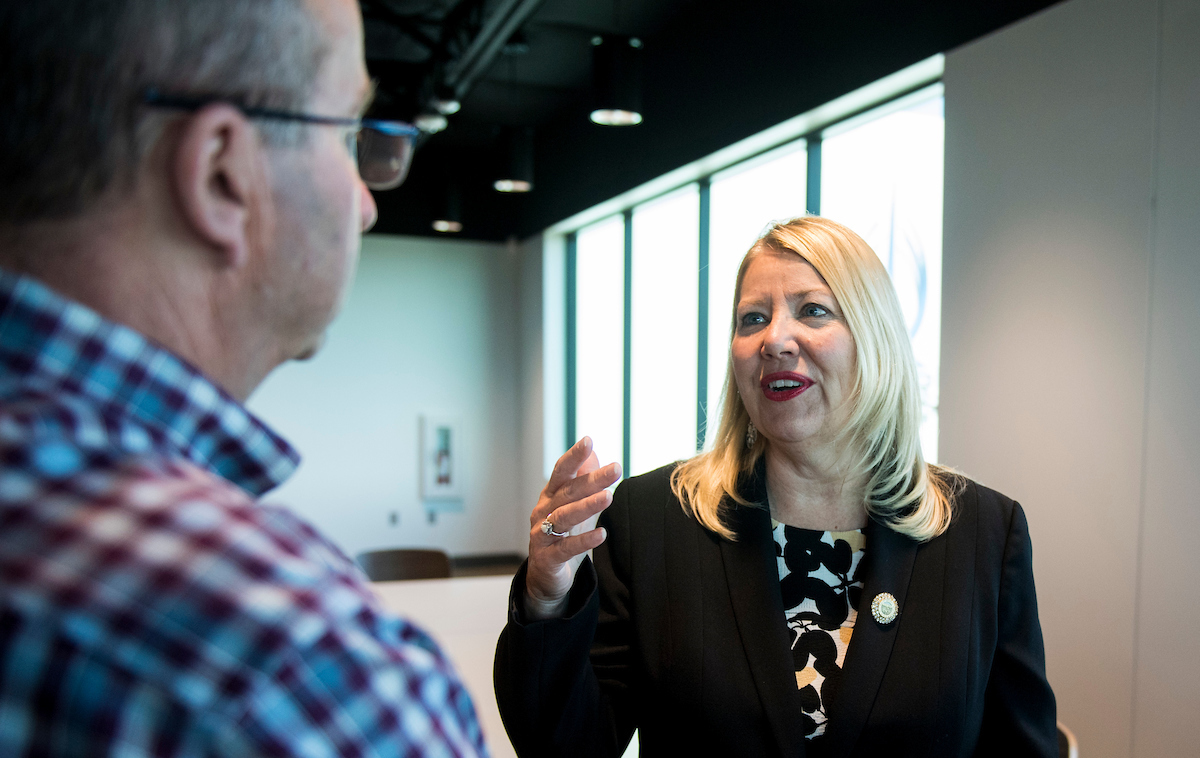 Rep. Debbie Lesko, R-Ariz., speaks with supporters at TYR Tactical in Peoria, Ariz.(Bill Clark/CQ Roll Call)