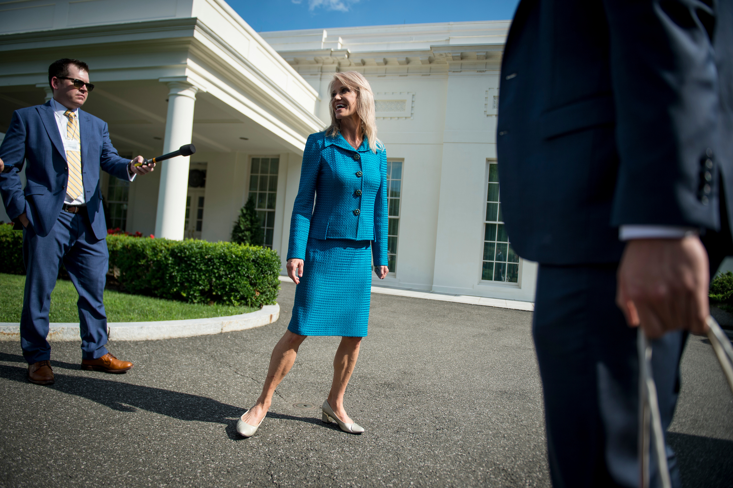 Kellyanne Conway speaks to the media outside of the White House on the North Lawn in June. (Sarah Silbiger/CQ Roll Call file photo)