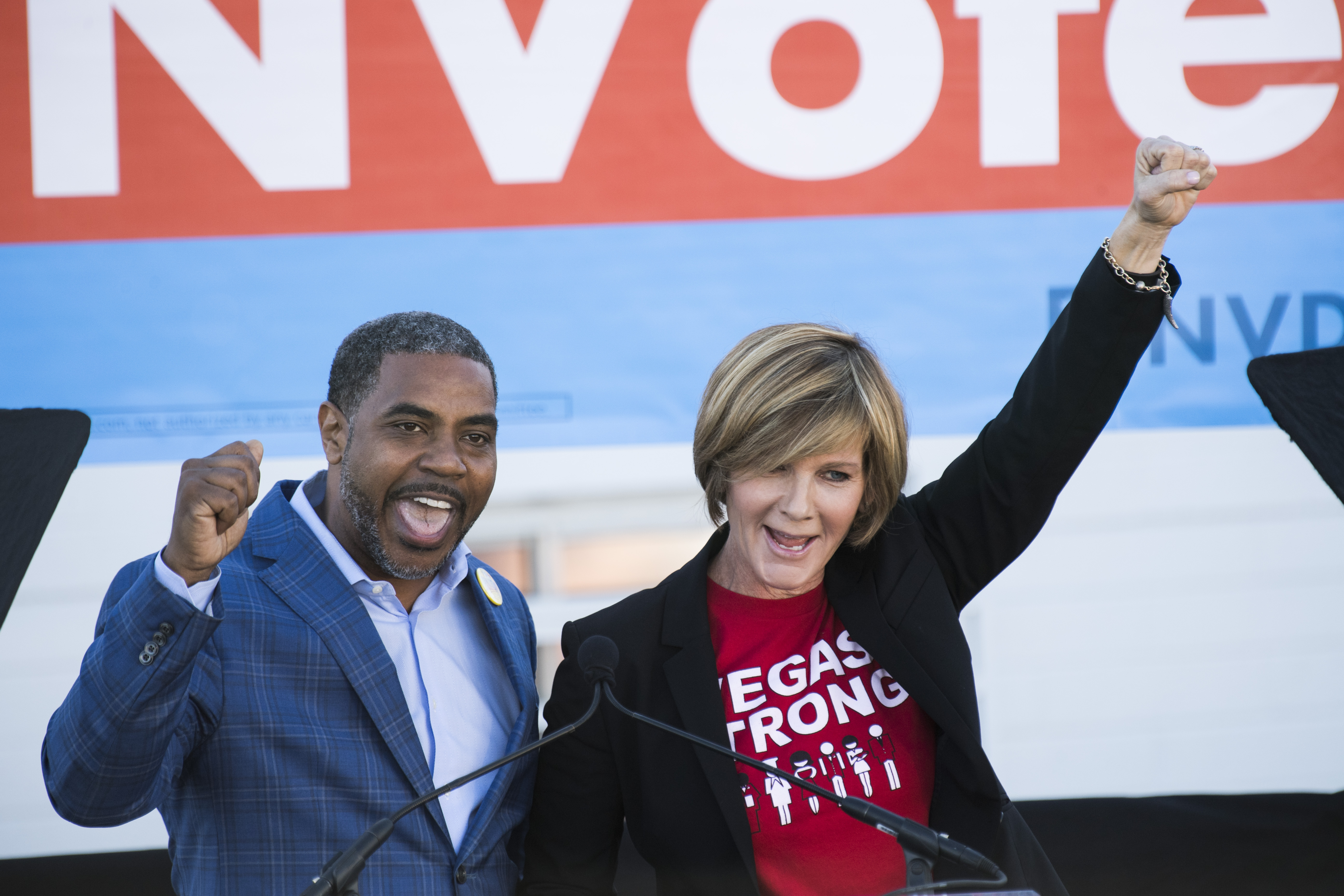 UNITED STATES - OCTOBER 20: Steven Horsford, candidate for Nevada’s Fourth Congressional District, and Susie Lee, Democratic candidate for Nevada’s Third Congressional District, speak at the Nevada Democrats' early vote rally, which featured former Vice President Joe Biden, at the Culinary Workers Union Local 226 in Las Vegas on Saturday, Oct. 20, 2018, the first day of early voting in Nevada. (Photo By Bill Clark/CQ Roll Call)