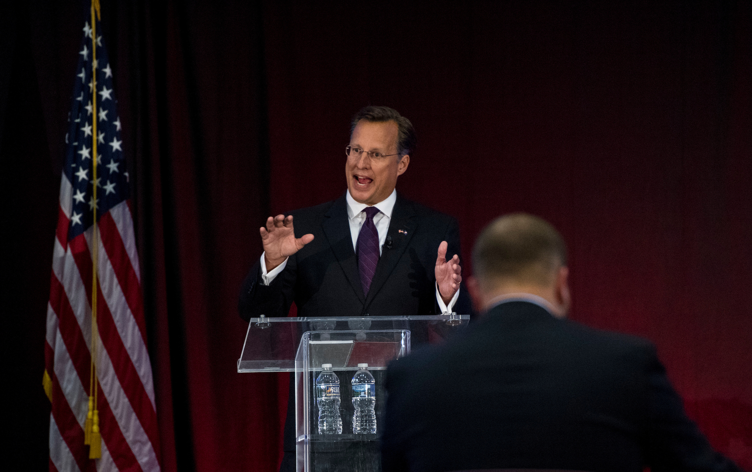 Rep. Dave Brat, R-Va., speaks during the Virginia 7th Congressional district debate with his Democratic challenger Abigail Spanberger at the Germanna Community College in Culpeper, Va., on Monday, Oct. 15, 2018. (Photo By Bill Clark/CQ Roll Call)