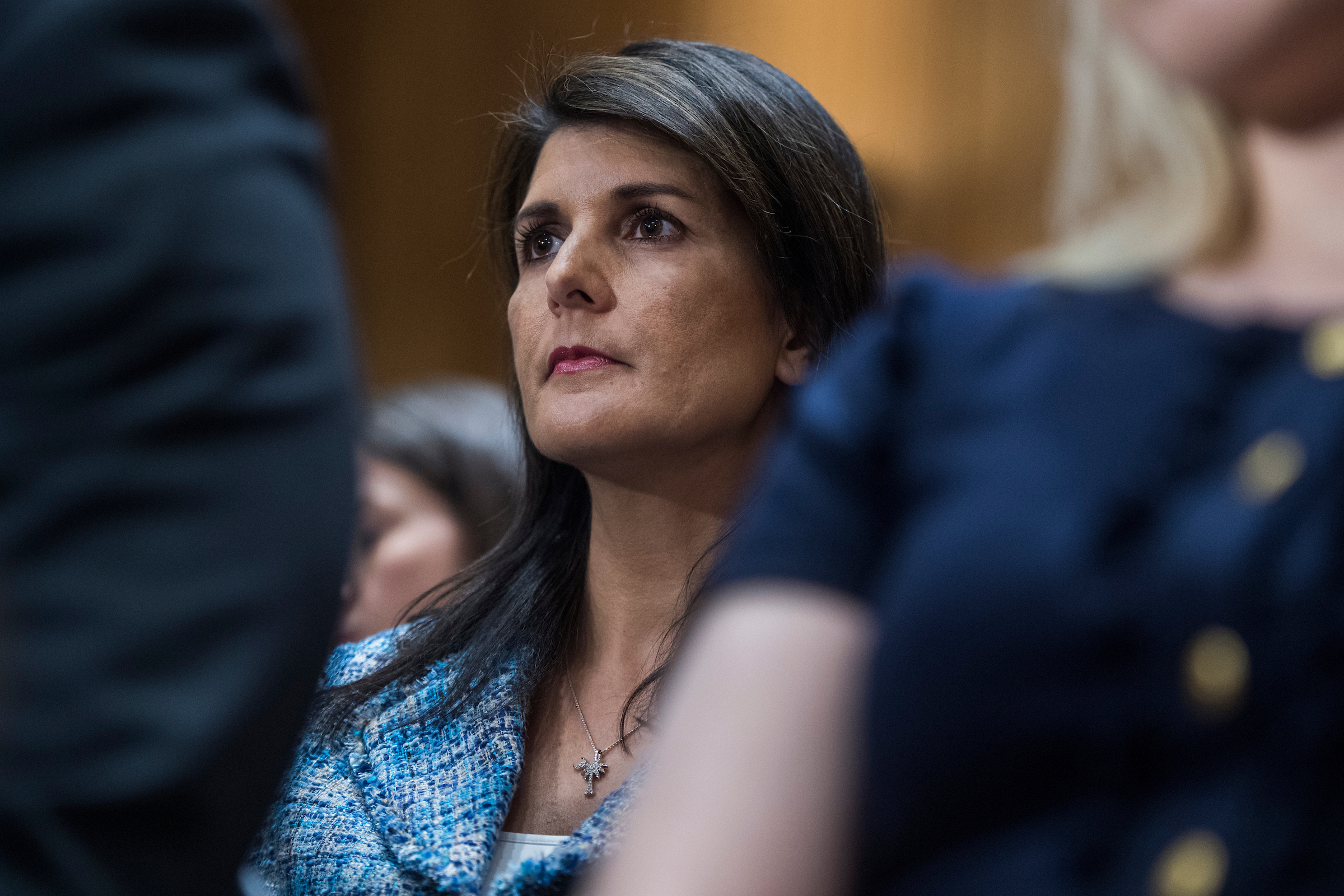 U.S. Ambassador to the United Nations Nikki Haley, attends the Senate Foreign Relations Committee confirmation hearing for CIA Director Mike Pompeo, nominee for secretary of state, in Dirksen Building on April 12, 2018. (Tom Williams/CQ Roll Call)