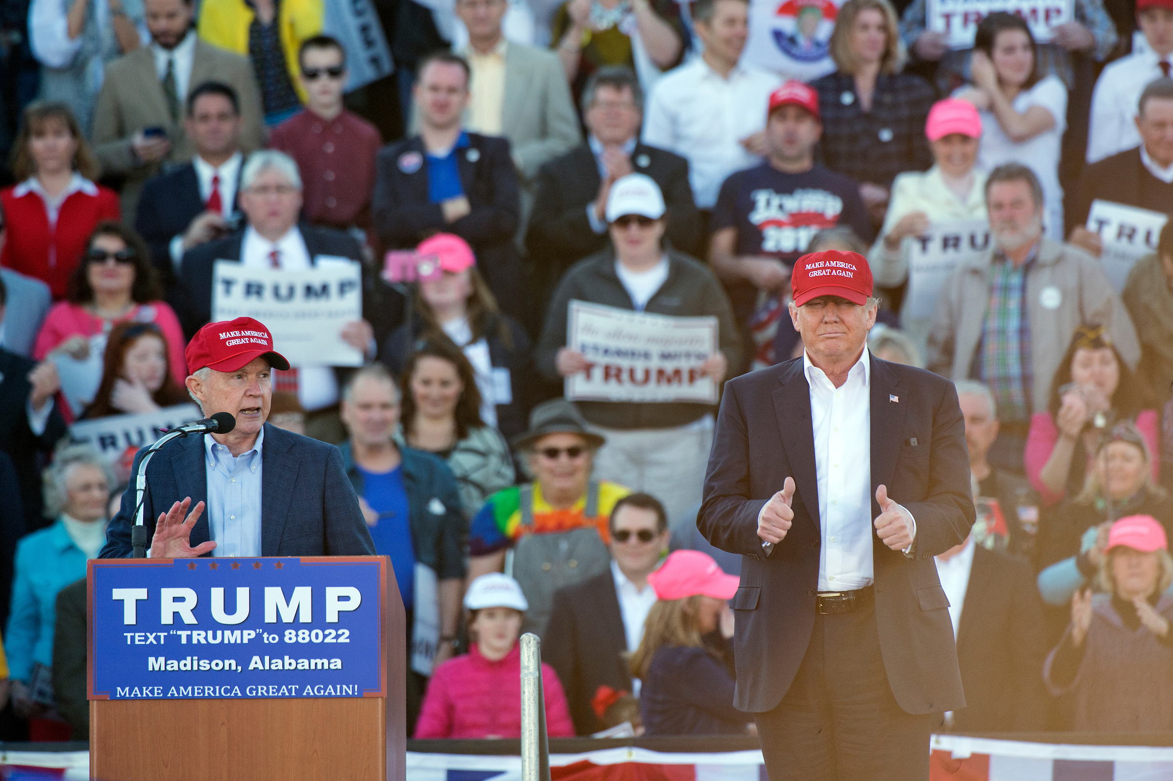 Then-Sen. Jeff Sessions, R-Ala., endorses Donald Trump to be the Republican nominee for president during a campaign rally at Madison City Schools Stadium in Madison, Ala., on Feb. 28. 2016. (Tom Williams/CQ Roll Call)