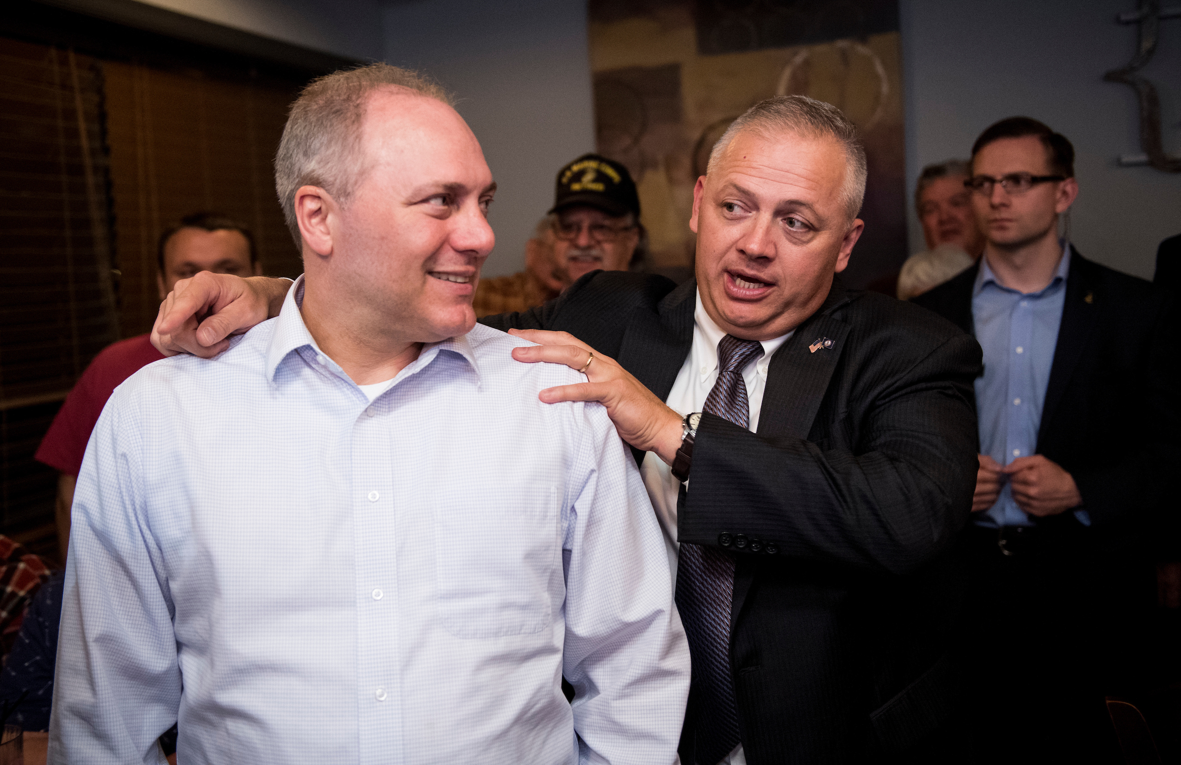 Republican candidate for Virginia’s 5th District Denver Riggleman, right, introduces Majority Whip Steve Scalise, R-La., at a campaign event for him in Lynchburg, Va., on Thursday night, November 1, 2018. (Photo By Bill Clark/CQ Roll Call)