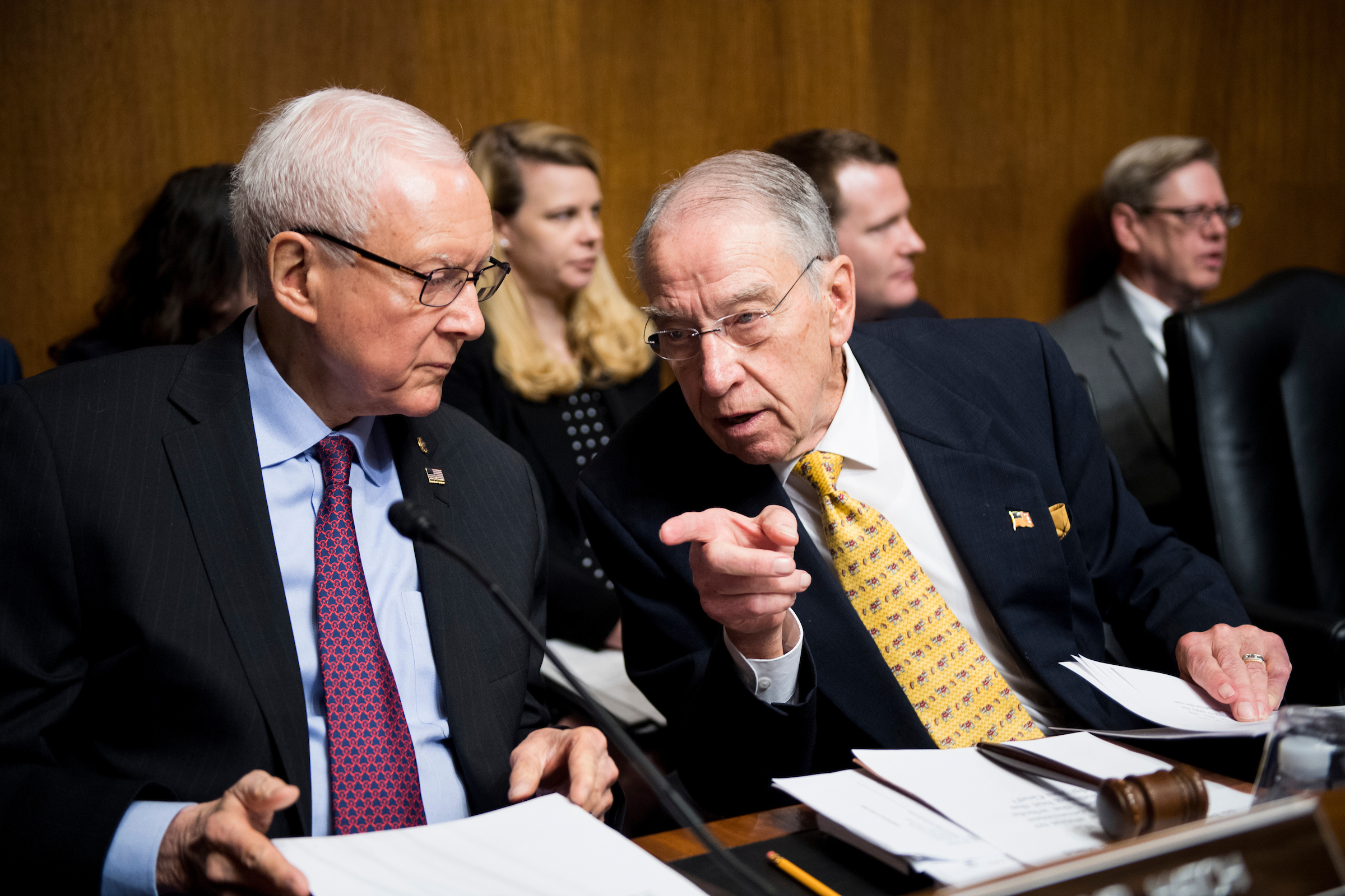 Chuck Grassley, R-Iowa, right, will succeed Orrin Hatch, R-Utah, as gavel-holder on the Senate Finance panel. That means Judiciary will be looking for a new leader too. (Bill Clark/CQ Roll Call)