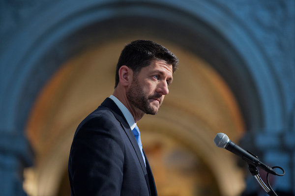 Speaker Paul D. Ryan, R-Wis., with beard, addressed a gathering of mostly House Republican members in the Library of Congress’ Great Hall in 2015. On Dec. 5, 2018, he’ll use the same space to bid D.C. farewell. (Tom Williams/CQ Roll Call file photo)