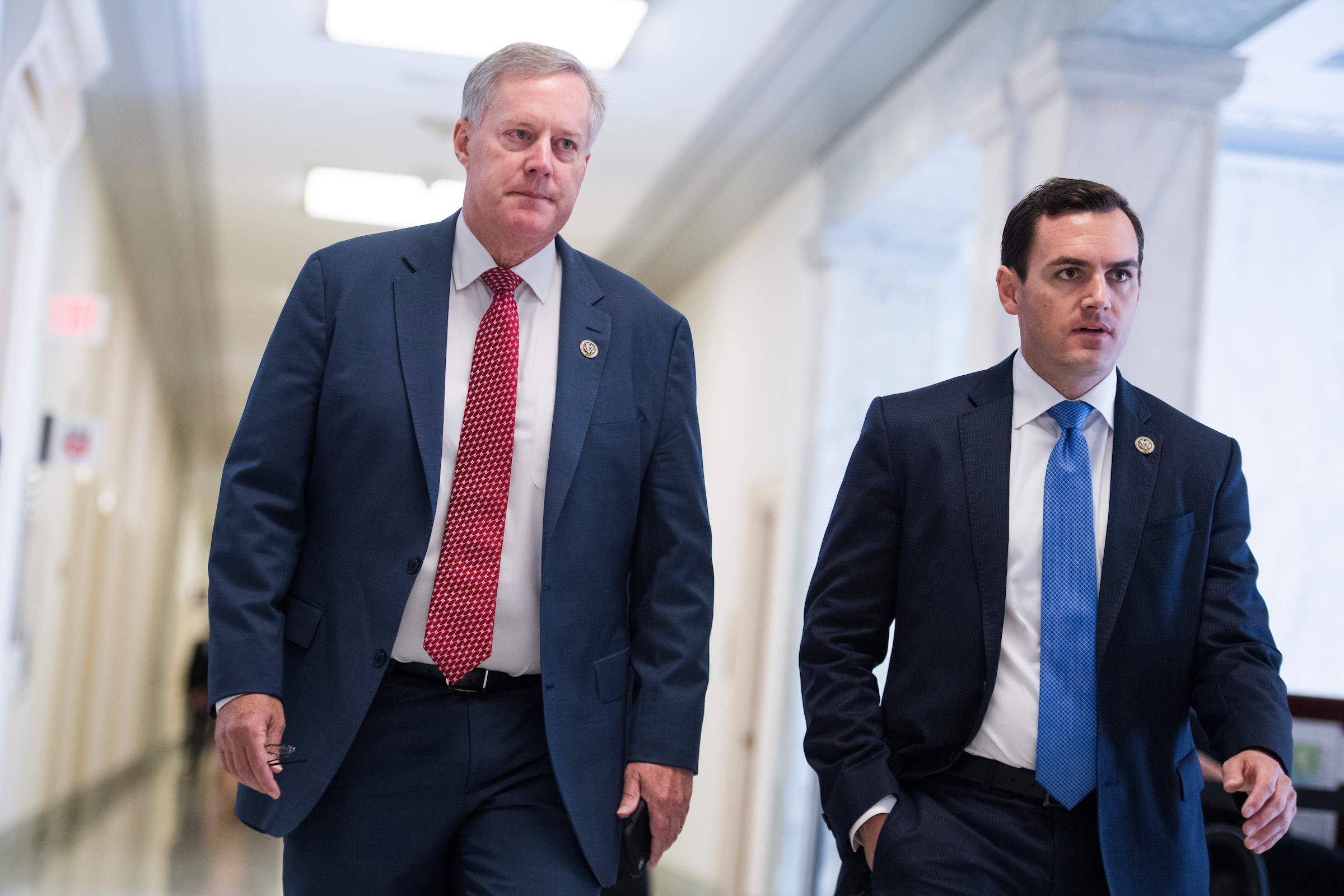 Reps. Mark Meadows, R-N.C., left, and Mike Gallagher, R-Wis., want to change the way the House Republican Conference selects its committee leaders. (Tom Williams/CQ Roll Call file photo)