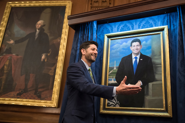 UNITED STATES - NOVEMBER 29: Speaker Paul Ryan, R-Wis., attends the unveiling of his House Budget Committee chairman portrait in the Capitol on November 29, 2018. The portrait was painted by Minnesota artist Leslie Bowman. (Photo By Tom Williams/CQ Roll Call)