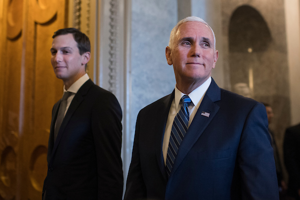 UNITED STATES - NOVEMBER 27: Vice President Mike Pence, right, and White House advisor Jared Kushner, make their way to the Senate Republican policy luncheon in the Capitol on November 27, 2018. (Photo By Tom Williams/CQ Roll Call)