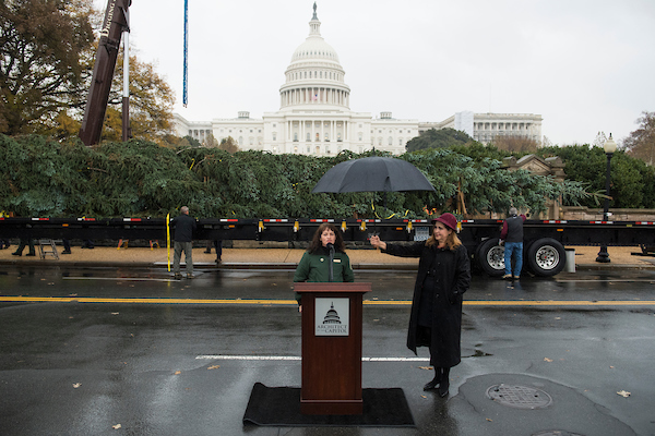 UNITED STATES - NOVEMBER 26: Acting Architect of the Capitol Christine Merdon, right, and Nikki Swanson, district director at the Willamette National Forest, make remarks before the U.S. Capitol Christmas Tree is placed on the West Front of the Capitol on November 26, 2018. The noble fir was harvested on November 2nd, from Willamette National Forest in Oregon. (Photo By Tom Williams/CQ Roll Call)