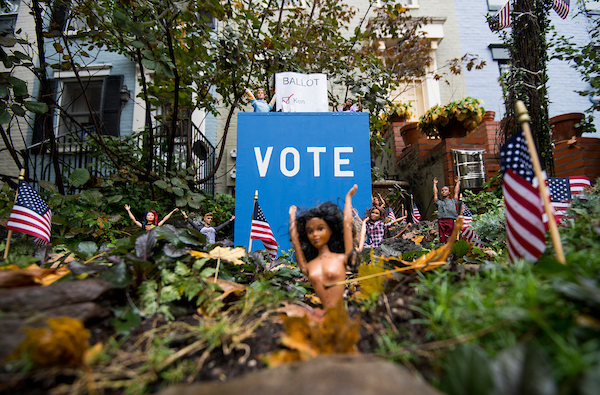 UNITED STATES - NOVEMBER 5: The election is the theme today at the “Barbie Pond on Avenue Q,” a collection of Barbie dolls posed around their own exclusive pond outside a house in Washington, DC, on Monday, Nov. 5, 2018. The Logan Circle neighborhood attraction features Barbie dolls set up to depict scenes of holidays, seasons, and big events. (Photo By Bill Clark/CQ Roll Call)