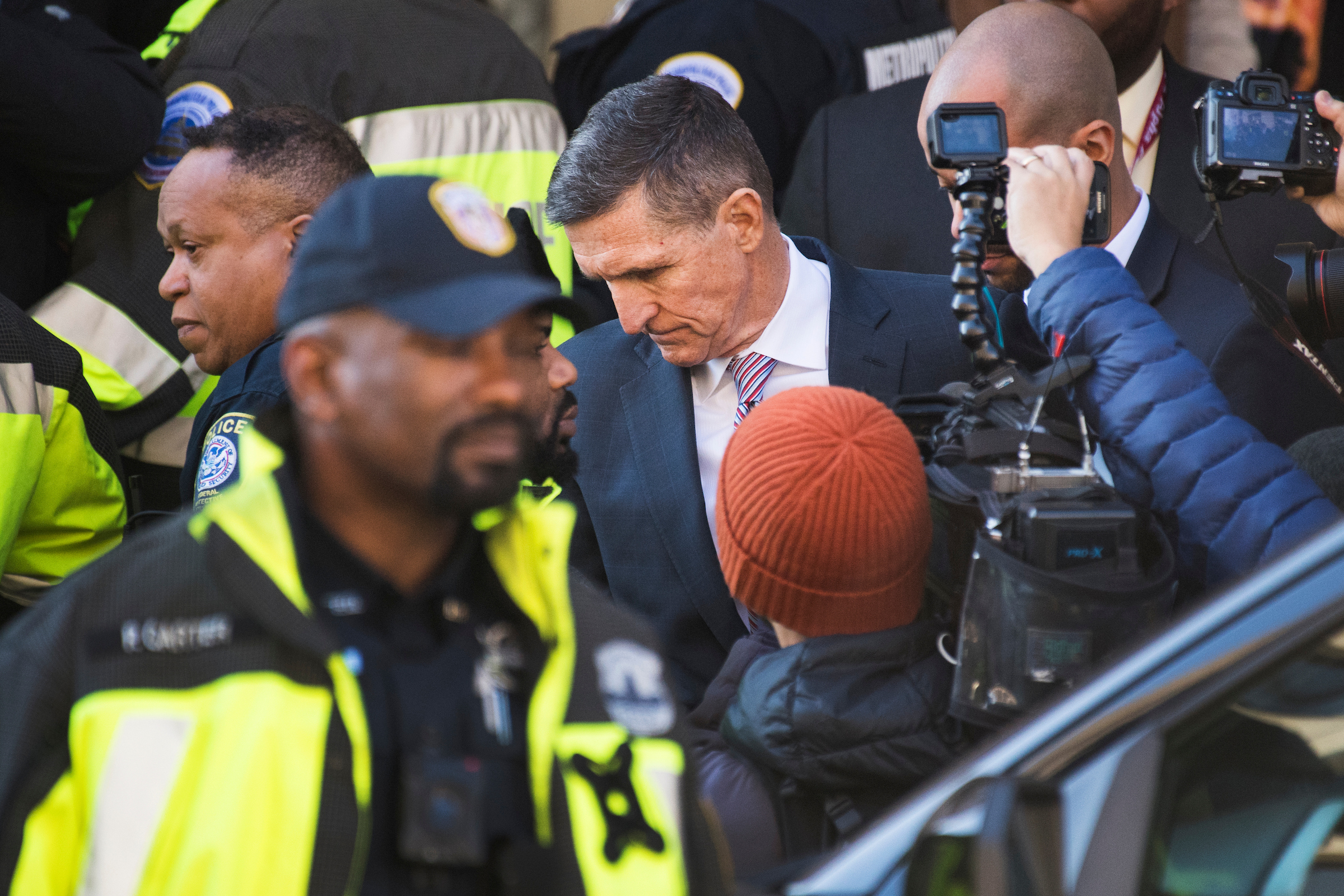 Michael Flynn, former national security adviser, leaves the E. Barrett Prettyman Courthouse after a federal judge delayed his sentencing Tuesday. Flynn pleaded guilty to lying to the FBI about his contacts with Russia. (Tom Williams/CQ Roll Call)