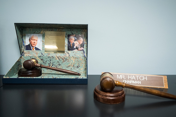 UNITED STATES - DECEMBER 11: Gavels not yet packed are on display outside of Sen. Orrin Hatch's office on Dec. 11, 2018, as he prepares to depart the U.S. Senate. (Photo By Bill Clark/CQ Roll Call)