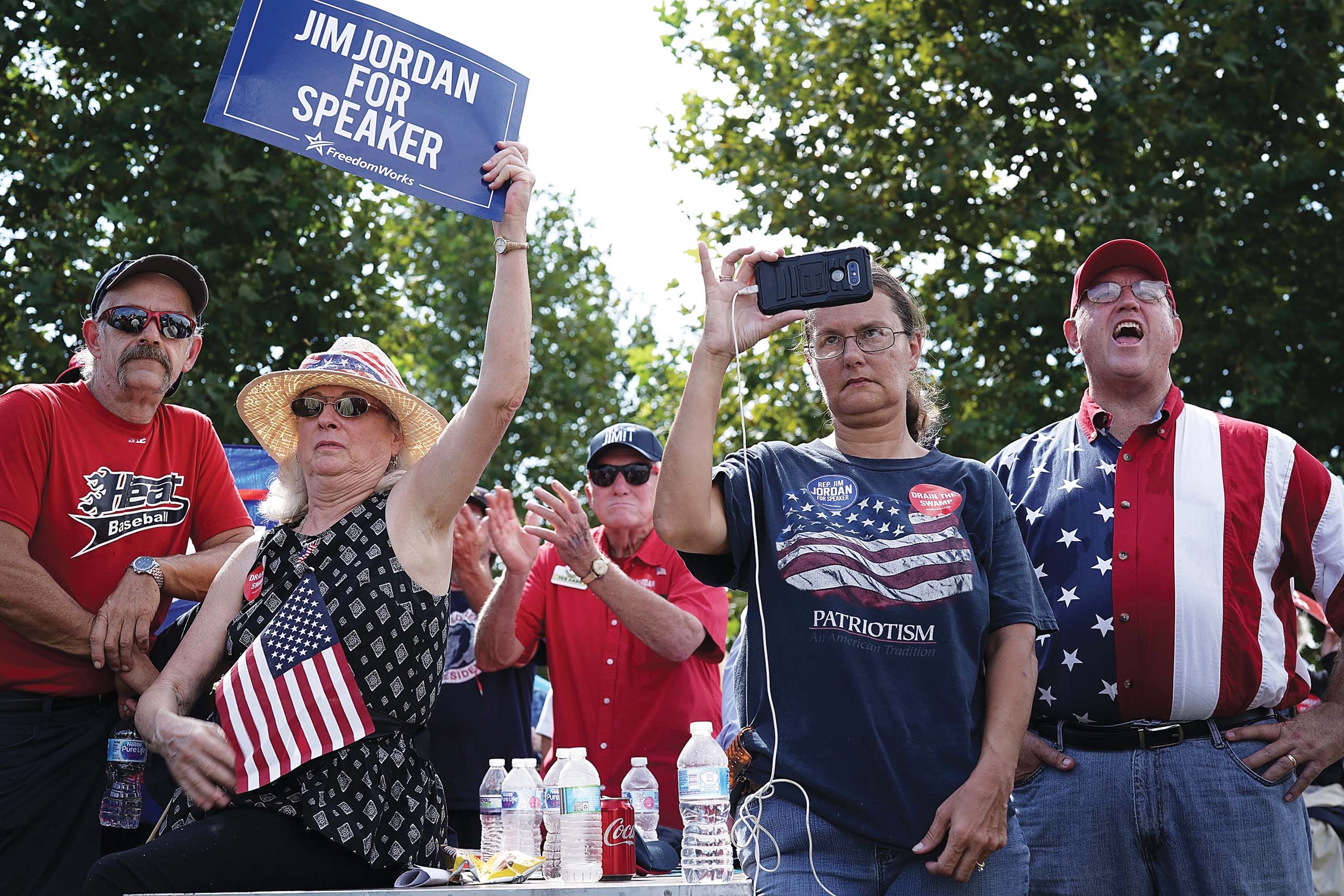 Activists at a Sept. 26 rally sponsored by the conservative group FreedomWorks urge Jim Jordan to run for speaker, past scandals or no. (Alex Wong/Getty Images file photo)