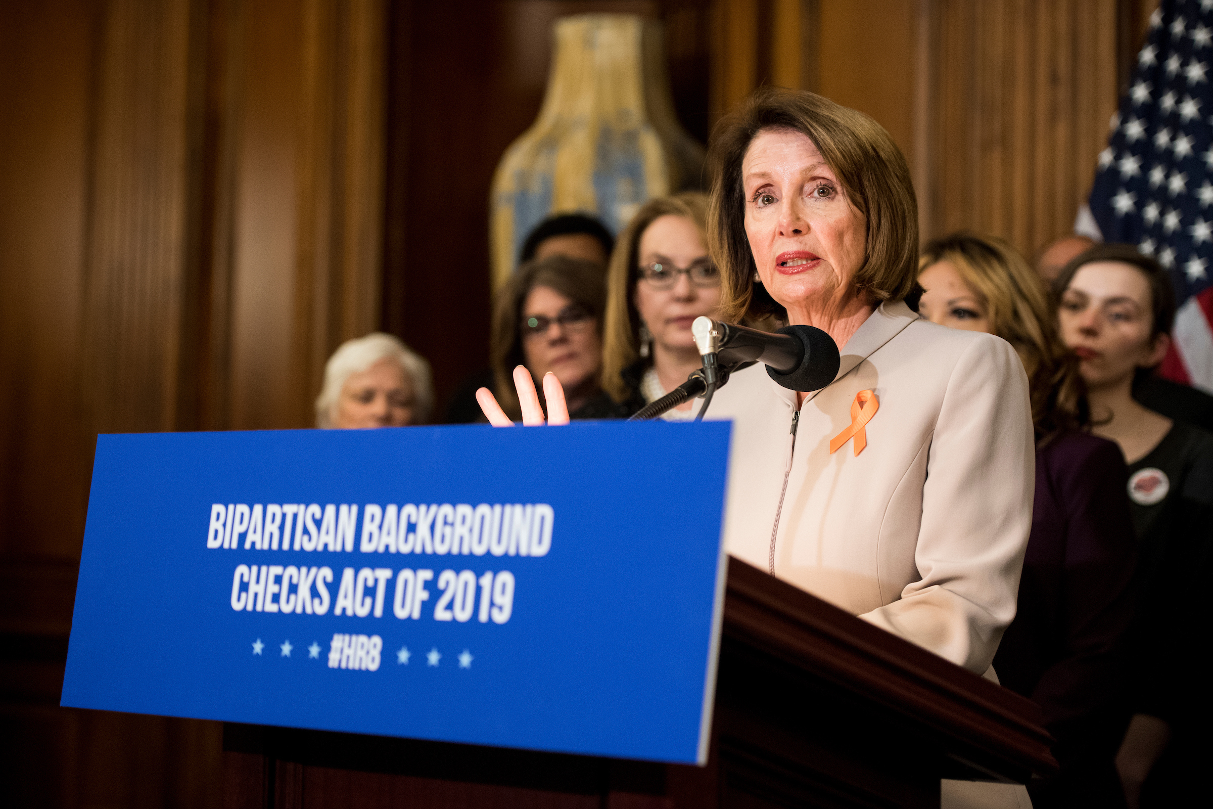 Speaker of the House Nancy Pelosi, D-Calif., speaks during the event to introduce the Bipartisan Background Checks Act of 2019 in the Capitol on Tuesday, Jan. 8, 2018. (Photo By Bill Clark/CQ Roll Call)