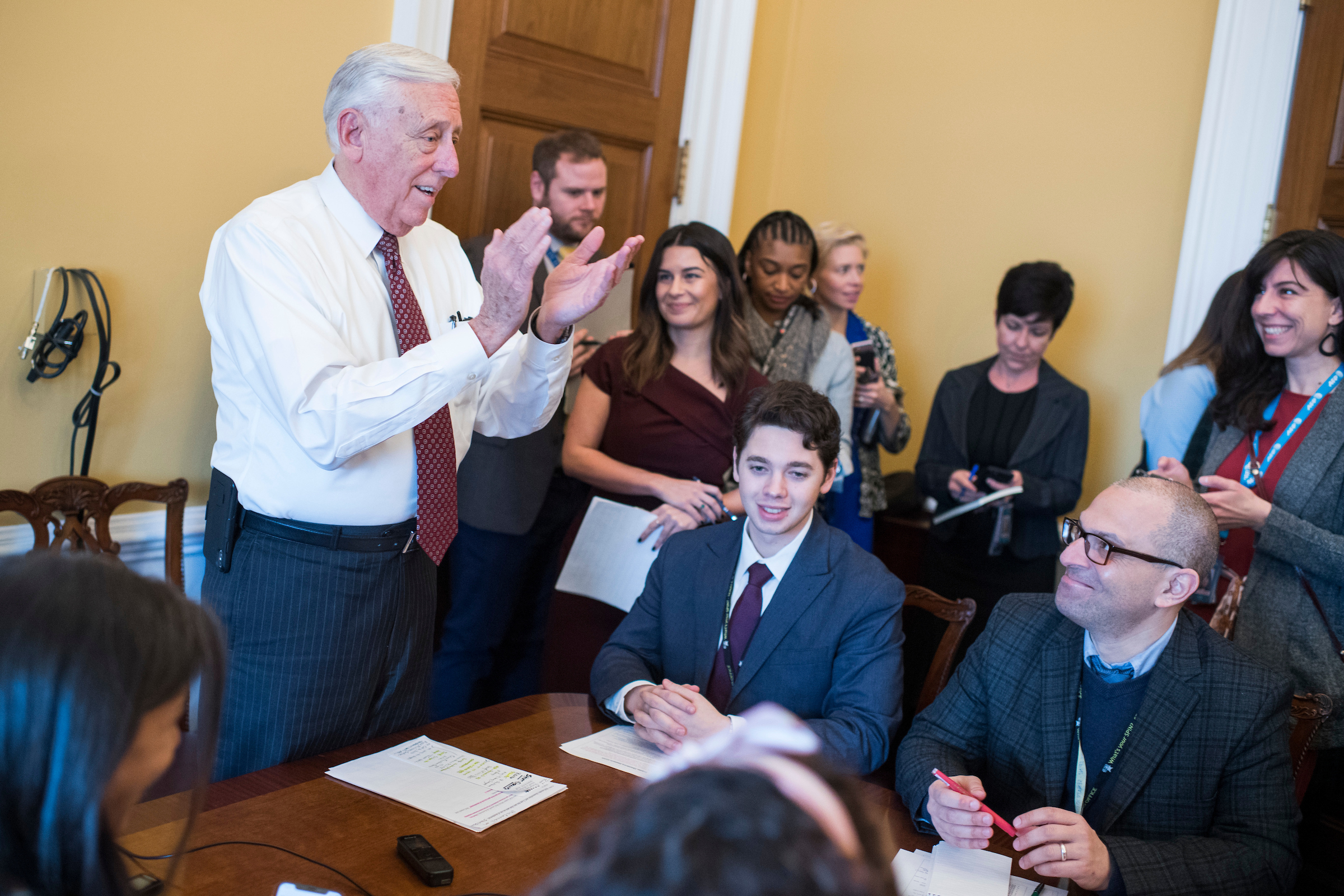 House Majority Leader Steny H. Hoyer, D-Md., applauds for reporters who used to attend his press briefings as minority leader, during his first briefing of the 116th Congress as majority leader. ( Tom Williams/CQ Roll Call)