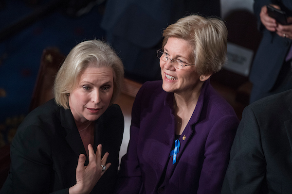 Sens. Elizabeth Warren, D-Mass., right, and Kirsten Gillibrand, D-N.Y., have both launched exploratory committees as they consider bids for president. (Tom Williams/CQ Roll Call file photo)