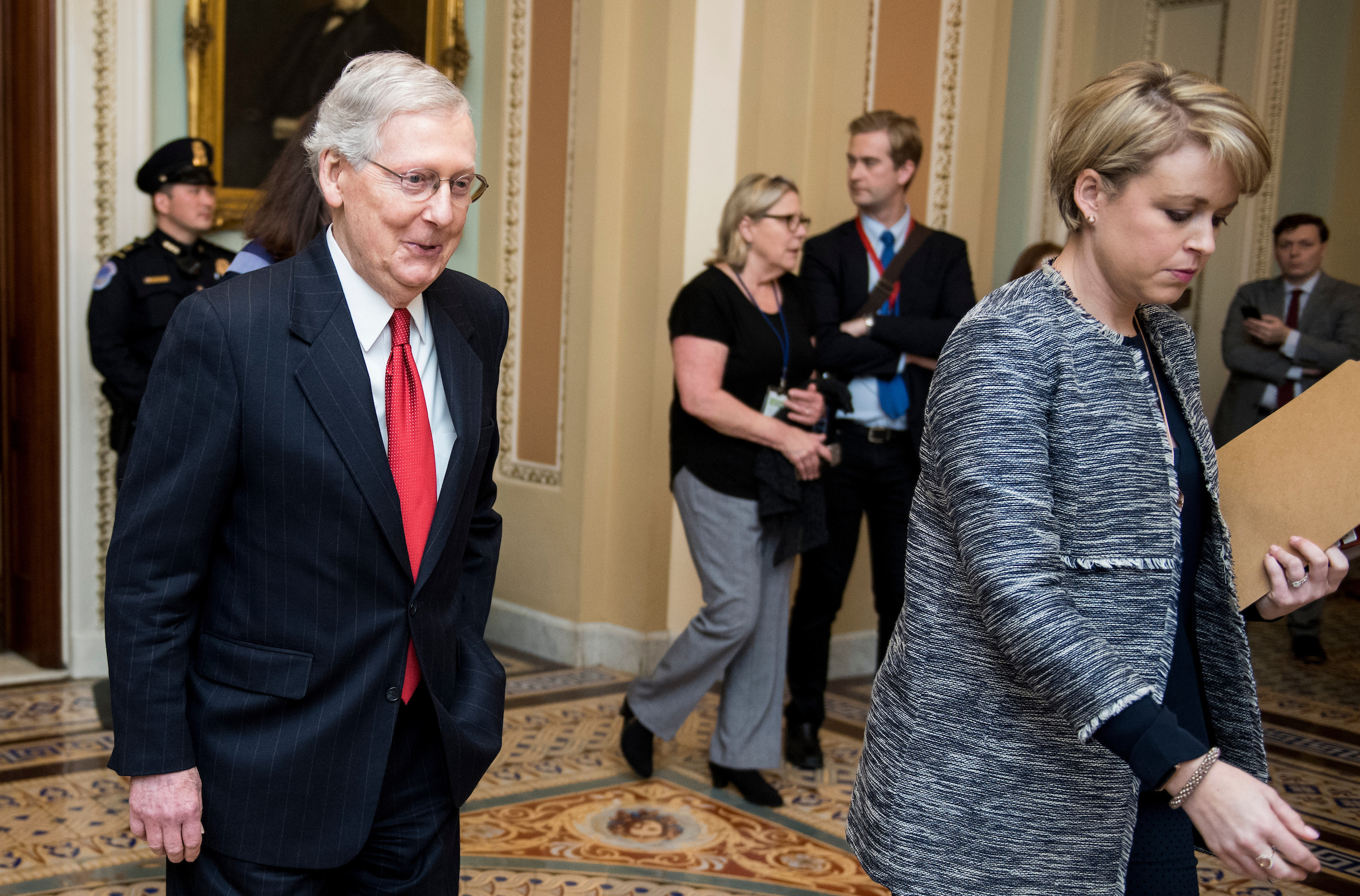 Senate Majority Leader Mitch McConnell, R-Ky., leaves the Senate floor after Senate rejected two attempts from Republicans and Democrats to reopen government on Thursday, Jan. 24, 2019. (Bill Clark/CQ Roll Call)