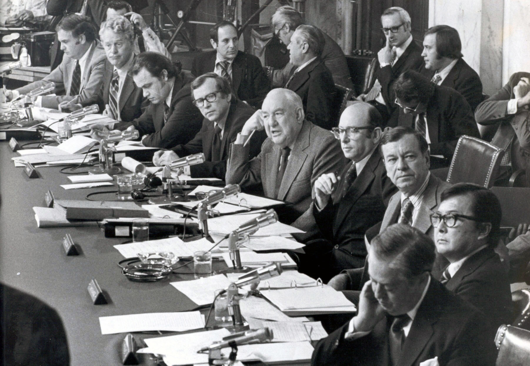Folksy North Carolina Sen. Sam Ervin, center, chaired the committee that destroyed Nixon’s strongest claim to power — his political popularity, Shapiro writes. (CQ Roll Call file photo)