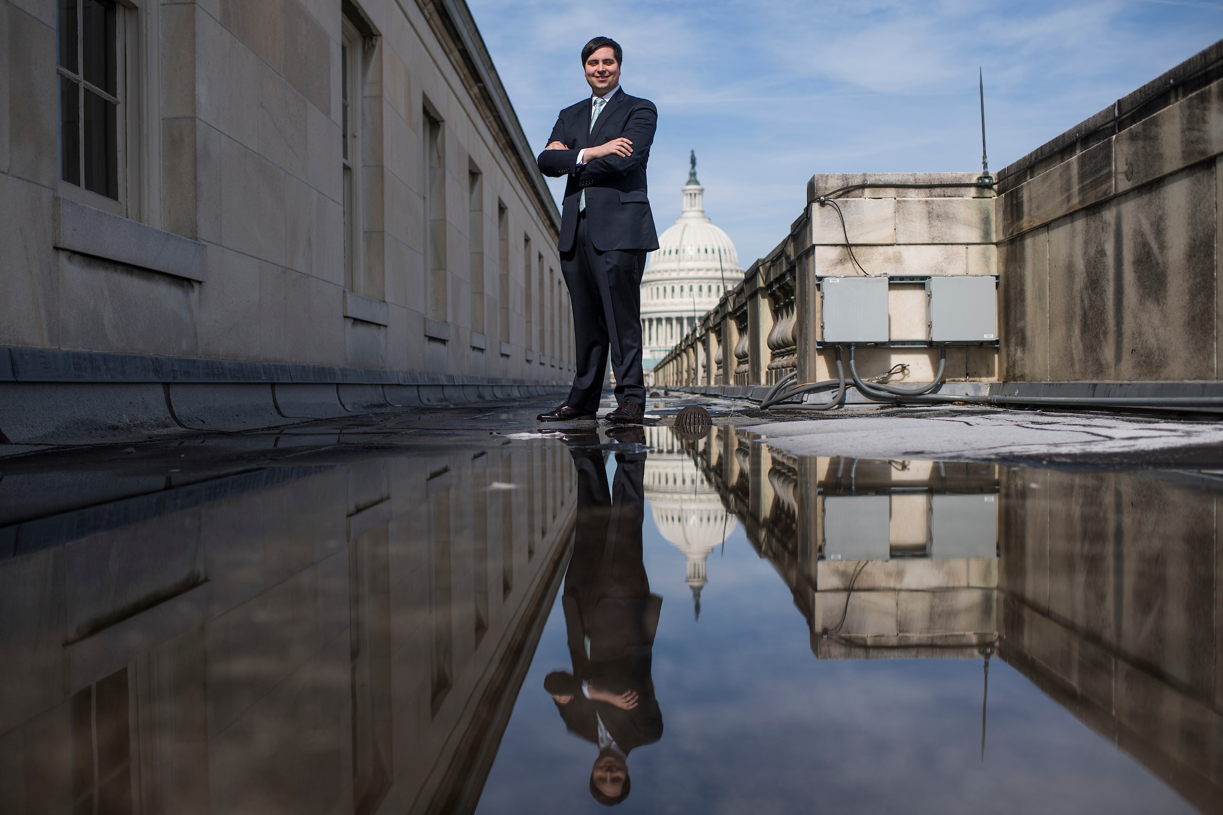 UNITED STATES - FEBRUARY 21: Jeffrey Kempler, from the office of Rep. Jim Banks, R-Ind., is pictured on top of Longworth Building on Thursday, February 21, 2019. (Photo By Tom Williams/CQ Roll Call)