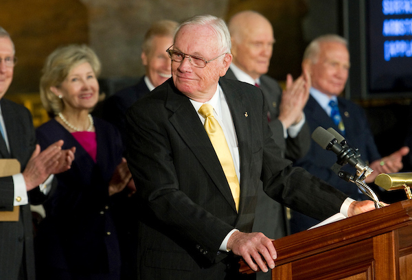 UNITED STATES - NOVEMBER 16: Astronaut Neil Armstrong, 81, speaks at a Congressional Gold Medal ceremony in the Rotunda of the U.S. Capitol. The medal is the highest civilian honor, and the first time the Congressional Gold Medal has been awarded to astronauts. The other medals The medals were given to Apollo 11 crew Buzz Aldrin, 81; and Michael Collins, also 81. The fourth winner was astronaut and former senator John Glenn, 90. (Photo By Chris Maddaloni/CQ-Roll Call).