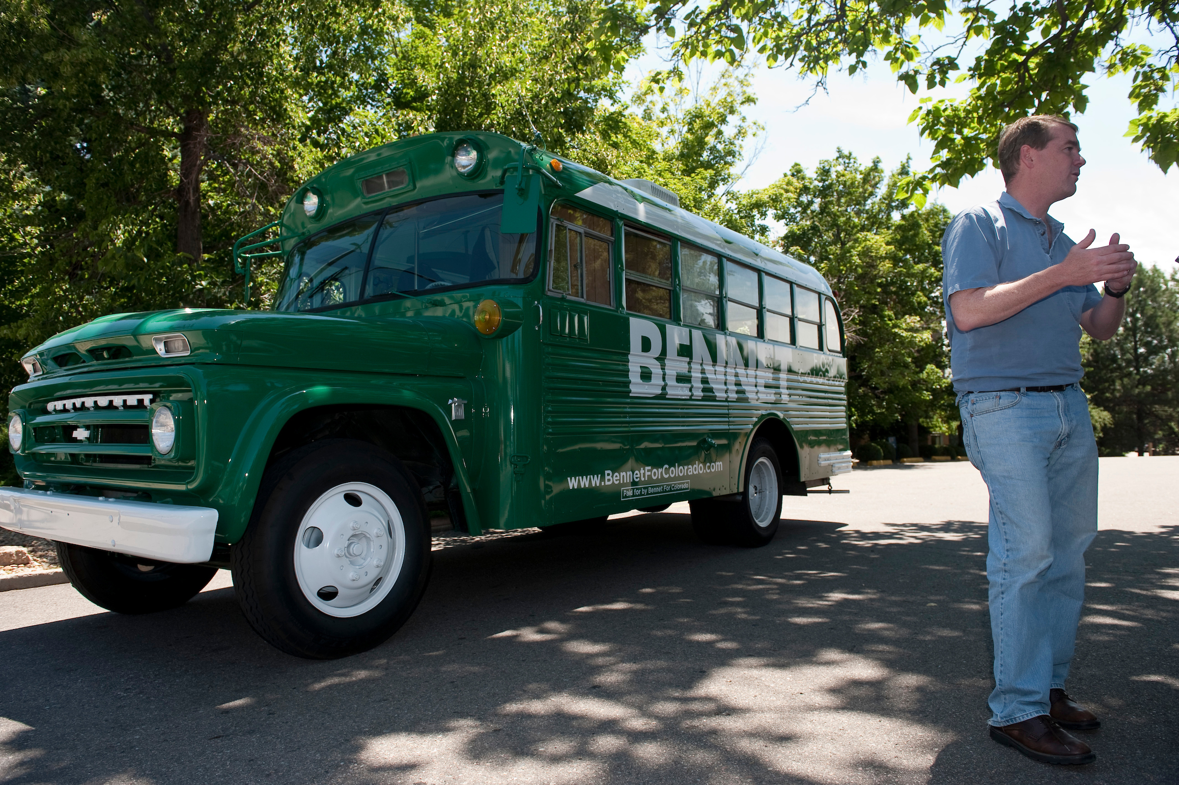 UNITED STATES - JULY 24: Sen. Michael Bennet, D-Colo., talks to media in front of his campaign bus after his ballot party in Denver on Saturday, July 24, 2010. (Photo By Bill Clark/Roll Call via Getty Images)