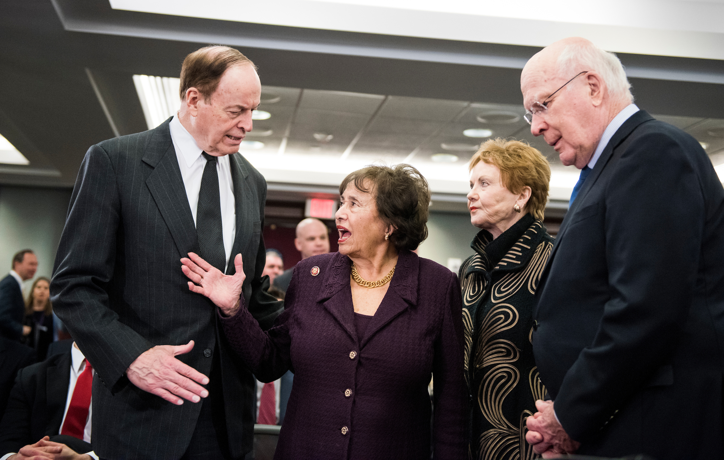 From left, Senate Appropriations chairman Richard Shelby, R-Ala., House Appropriations chairwoman Nita Lowey, D-N.Y., House Appropriations ranking member Kay Granger, R-Texas, and Senate Appropriations ranking member Patrick Leahy, D-Vt., talk before the start of the Homeland Security Appropriations Conference Committee on Wednesday, Jan. 30, 2019. (Bill Clark/CQ Roll Call file photo)