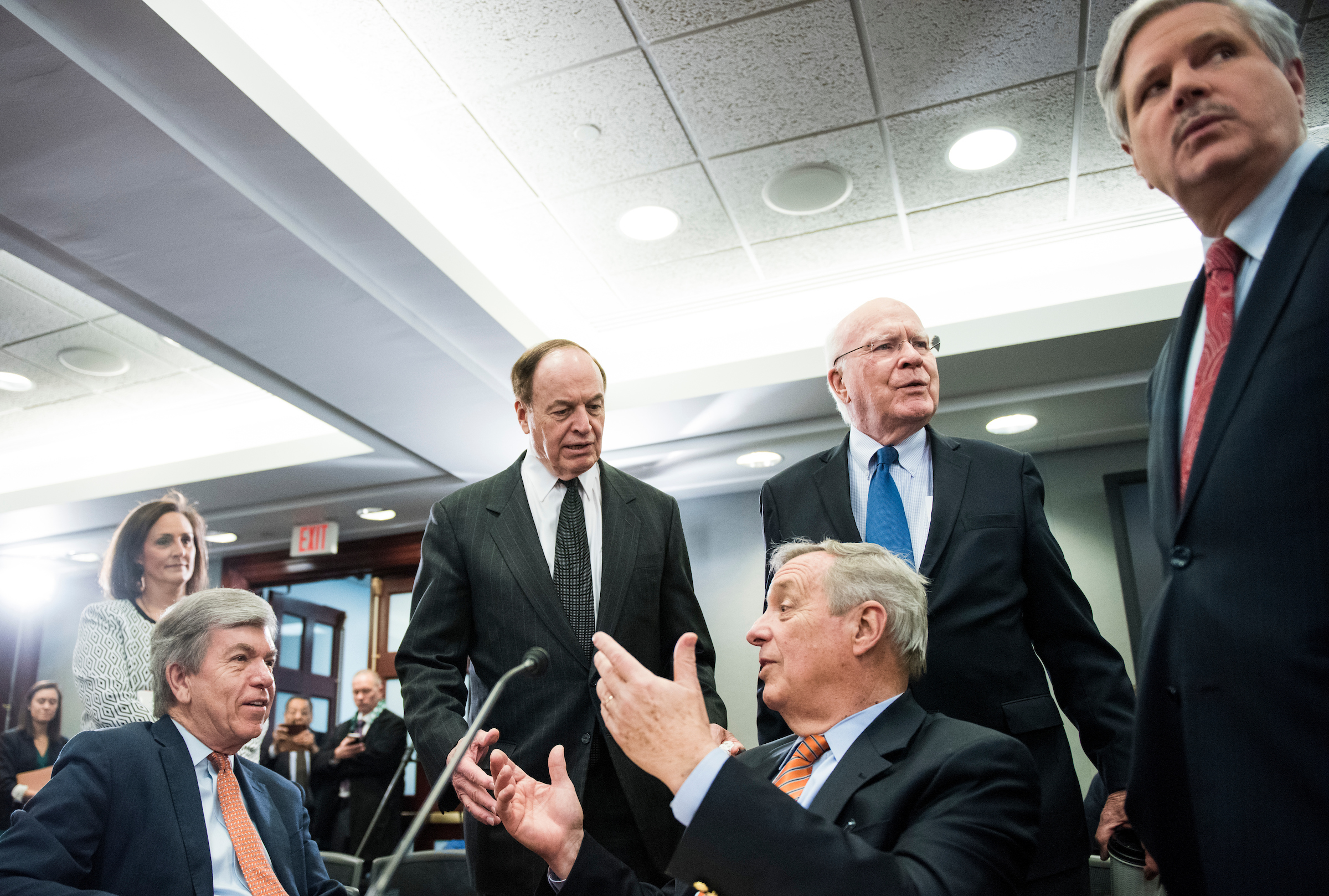 From left, Sen. Roy Blunt, R-Mo., Senate Appropriations chairman Richard Shelby, R-Ala., Sen. Richard Durbin, D-Ill., Senate Appropriations ranking member Patrick Leahy, D-Vt., and Sen. John Hoeven, R-N. Dak., talk before the start of the Homeland Security Appropriations Conference Committee on Jan. 30, 2019. (Bill Clark/CQ Roll Call file photo)