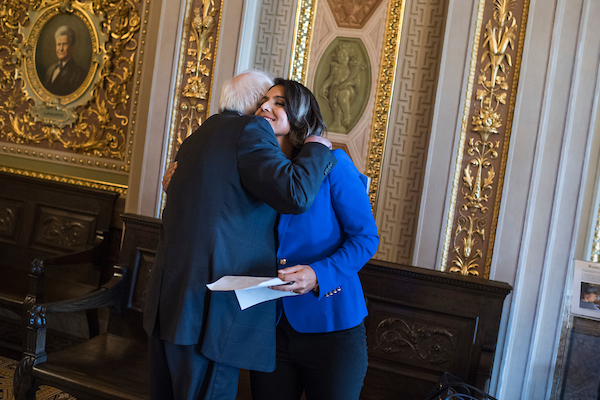 Sen. Bernie Sanders, I-Vt., and Rep. Tulsi Gabbard, D-Hawaii, represent the range of generations making up the 2020 Democratic presidential field. (Tom Williams/CQ Roll Call file photo)