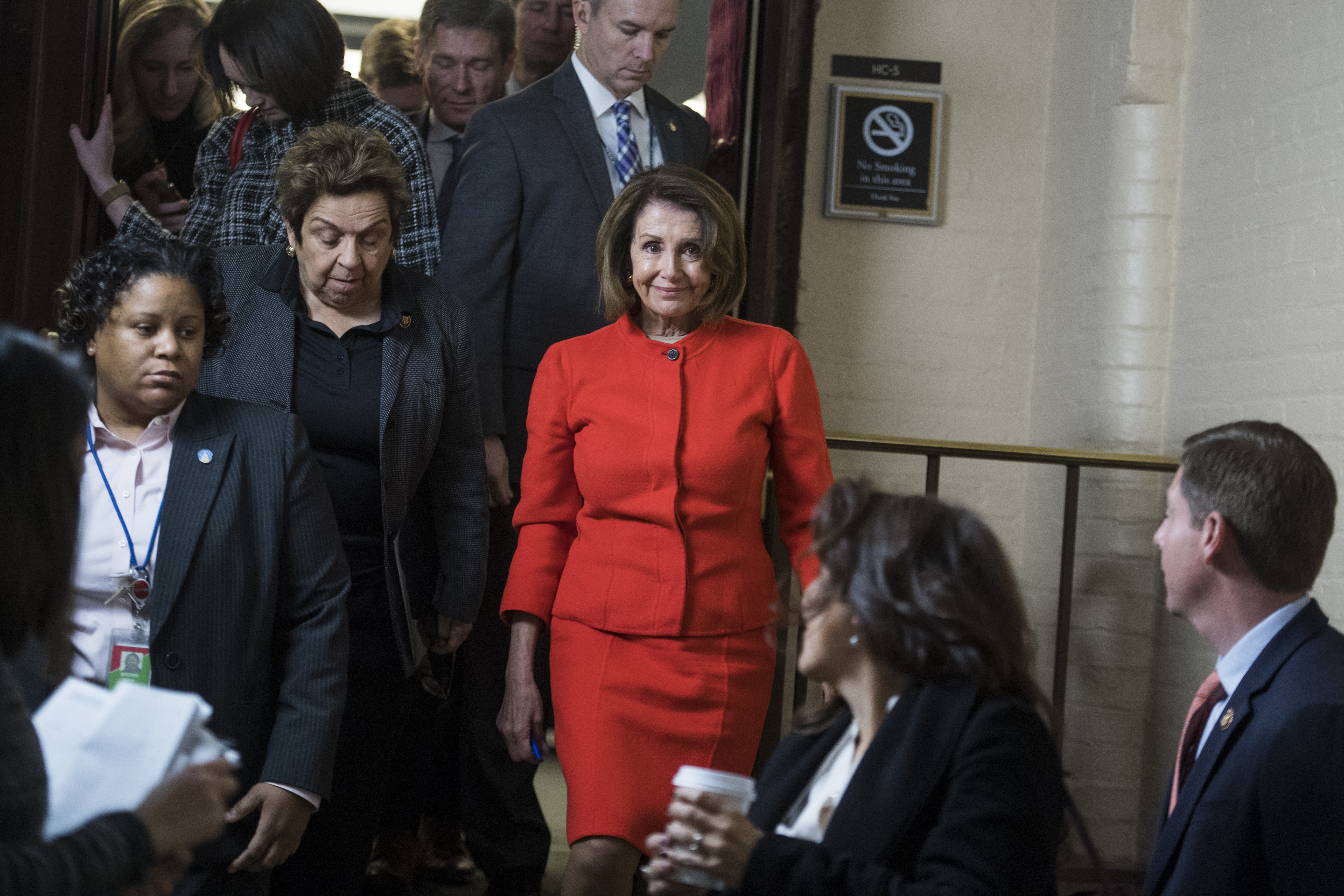 UNITED STATES - JANUARY 30: Speaker Nancy Pelosi, D-Calif., and Rep. Donna Shalala, D-Fla., left, leave a meeting of the House Democratic Caucus in the Capitol on Wednesday, January 30, 2019. (Photo By Tom Williams/CQ Roll Call)