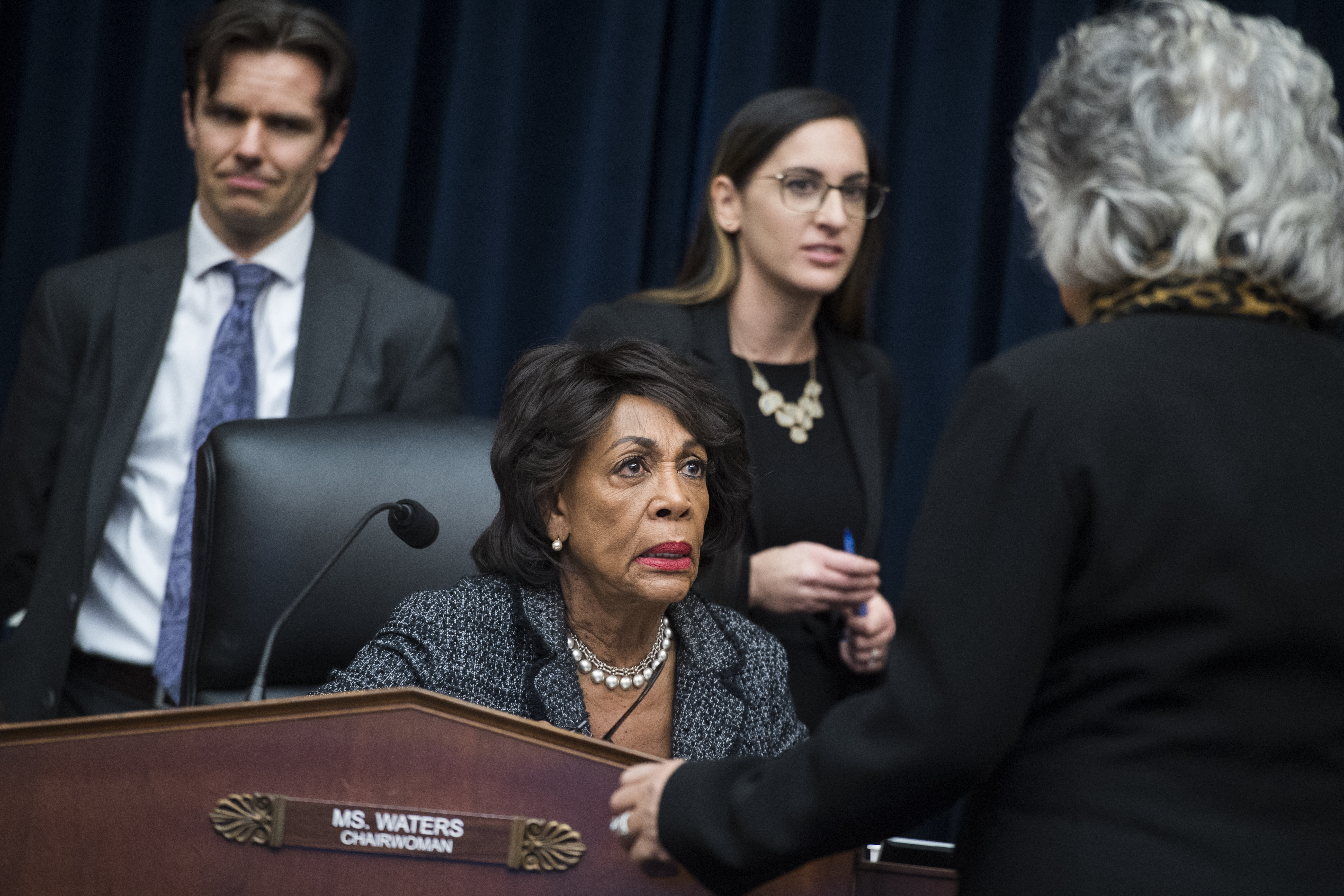 UNITED STATES - JANUARY 29: Chairwoman Maxine Waters, D-Calif., left, talks with Rep. Joyce Beatty, D-Ohio, during a House Financial Services Committee organizational meeting in Rayburn Building on Tuesday, January 29, 2019. (Photo By Tom Williams/CQ Roll Call)