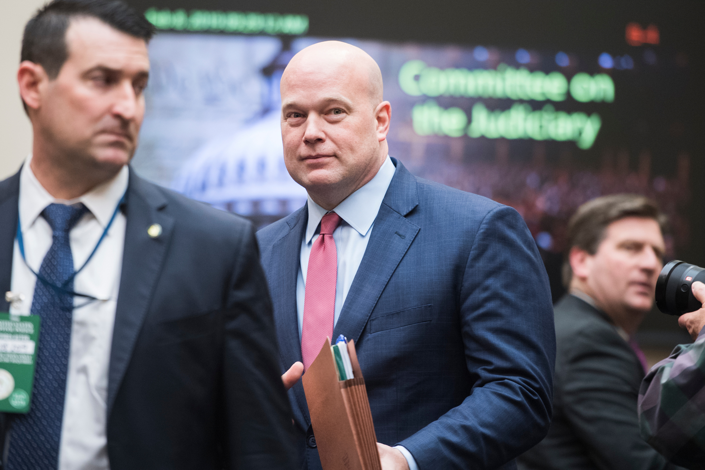 Acting attorney general Matthew Whitaker arrives for a House Judiciary Committee hearing in Rayburn Building titled "Oversight of the U.S. Department of Justice," where he is expected to be questioned about special counsel Robert Mueller's investigation on Friday, Feb. 8, 2019. (Tom Williams/CQ Roll Call)