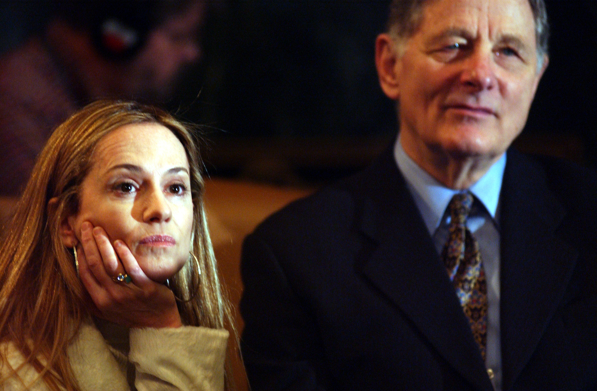 Former Indiana Sen. Birch Bayh and actress Holly Hunter listen to actress Geena Davis during a February 2003 news conference on protections of athletic opportunities for women. (Douglas Graham/CQ Roll Call file photo)