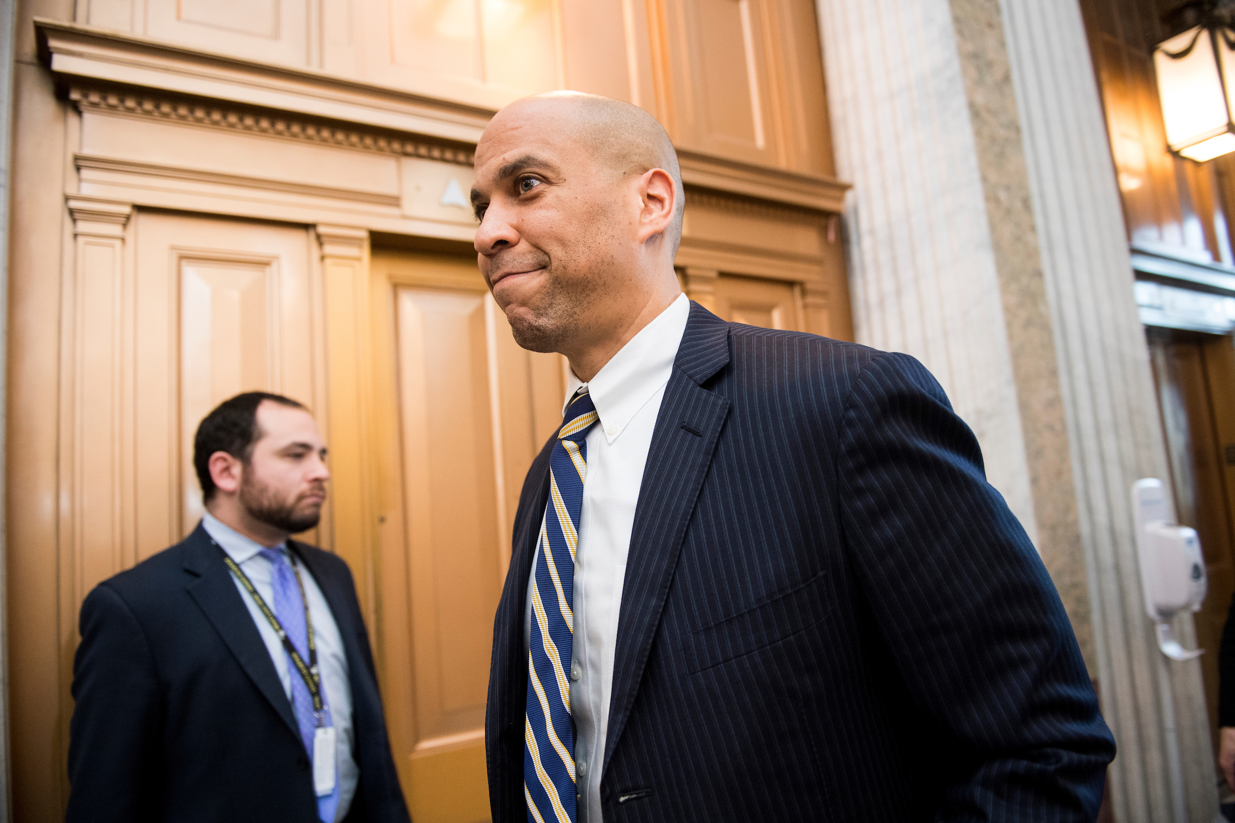 Sen. Cory Booker, D-N.J., arrives for the votes in the Senate to keep the government open on Feb. 14, 2019. (Bill Clark/CQ Roll Call)