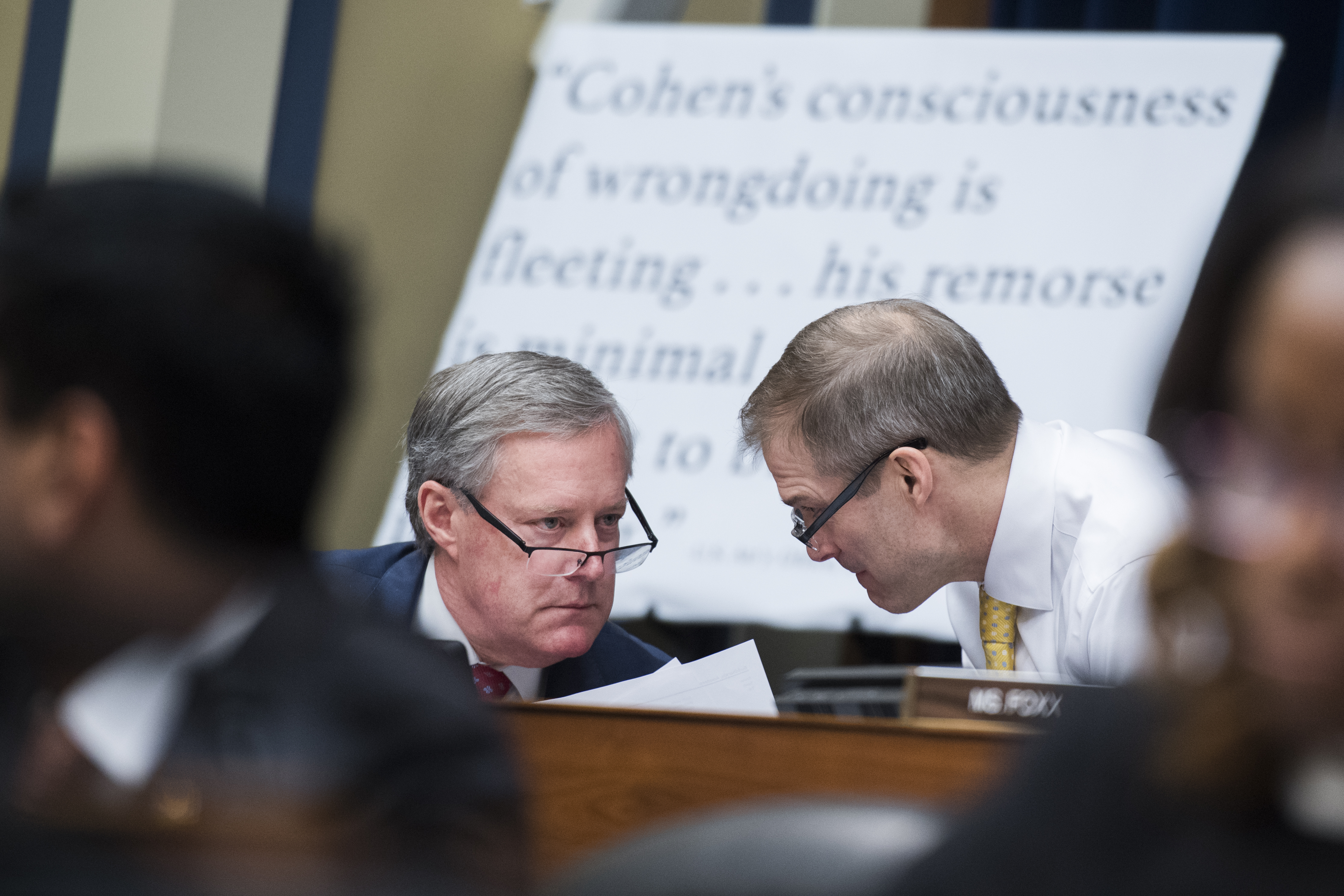 UNITED STATES - FEBRUARY 27: Rep. Mark Meadows, R-N.C., left, and ranking member Rep. Jim Jordan, R-Ohio, are seen during a House Oversight and Reform Committee hearing in Rayburn Building featuring testimony by Michael Cohen, former attorney for President Donald Trump, on Russian interference in the 2016 election on Wednesday, February 27, 2019. (Photo By Tom Williams/CQ Roll Call)