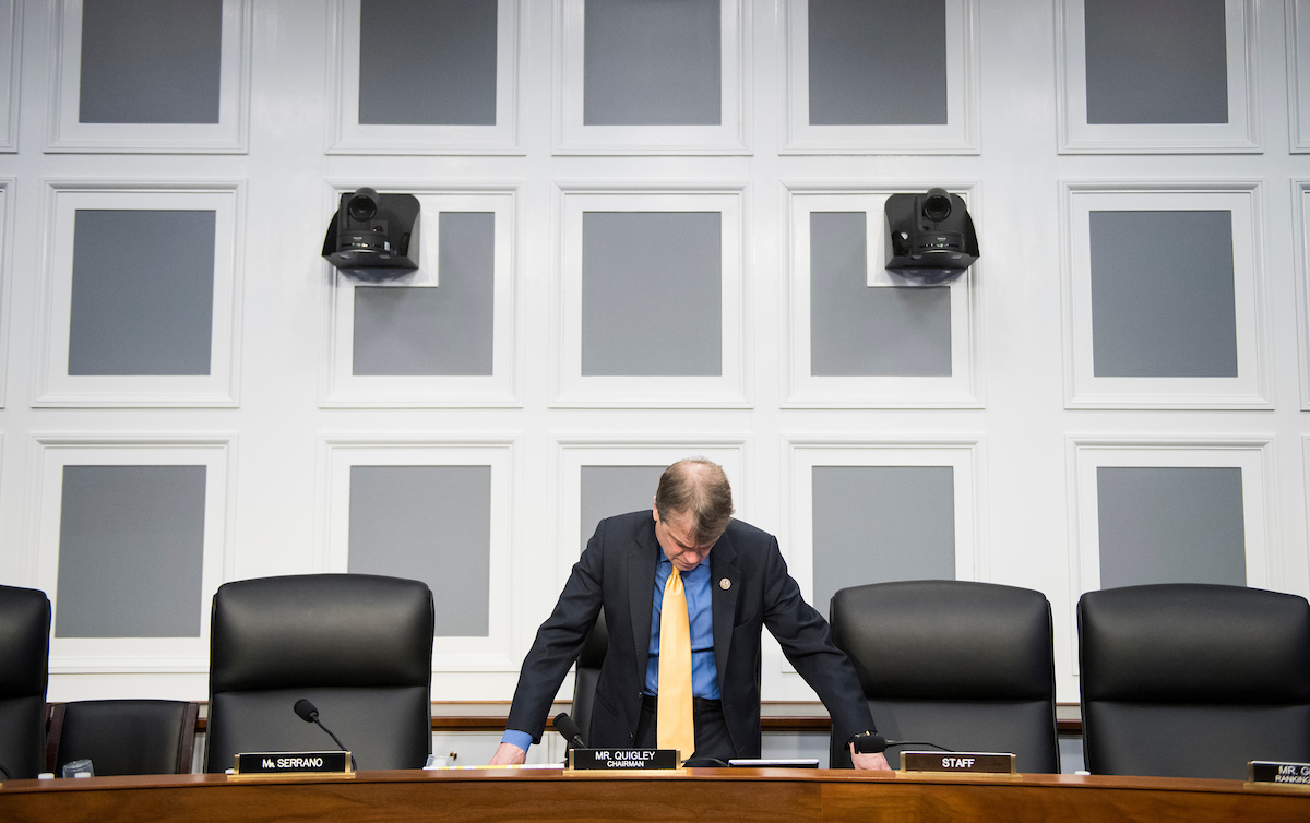 Rep. Mike Quigley, D-Ill., prepares to chair the House Appropriations Subcommittee on Financial Services and General Government Subcommittee hearing on Wednesday. (Bill Clark/CQ Roll Call)