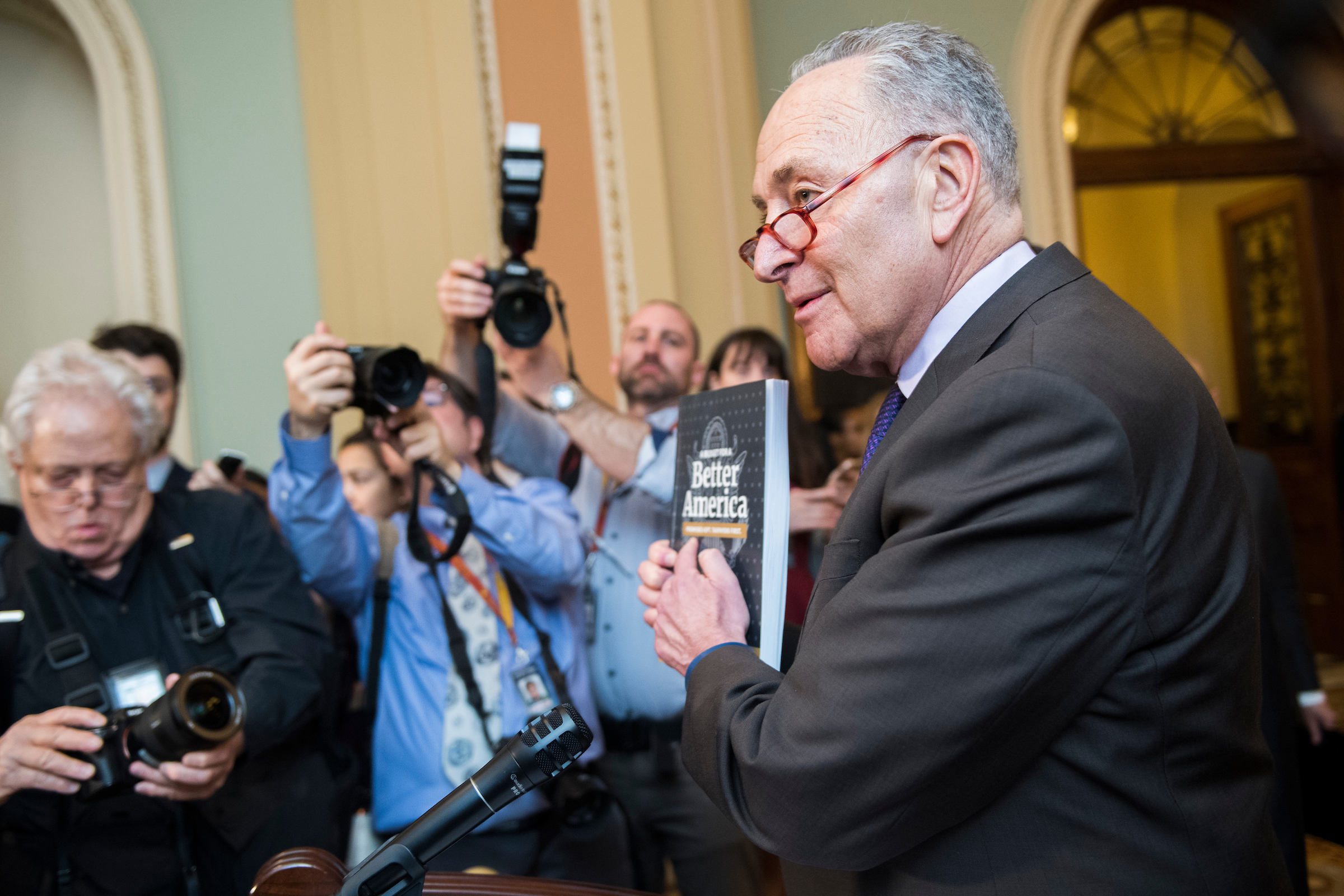 Senate Minority Leader Chuck Schumer, D-N.Y., holds a copy of the president's budget proposal during a news conference after the Senate policy luncheons on Tuesday. (Tom Williams/CQ Roll Call)