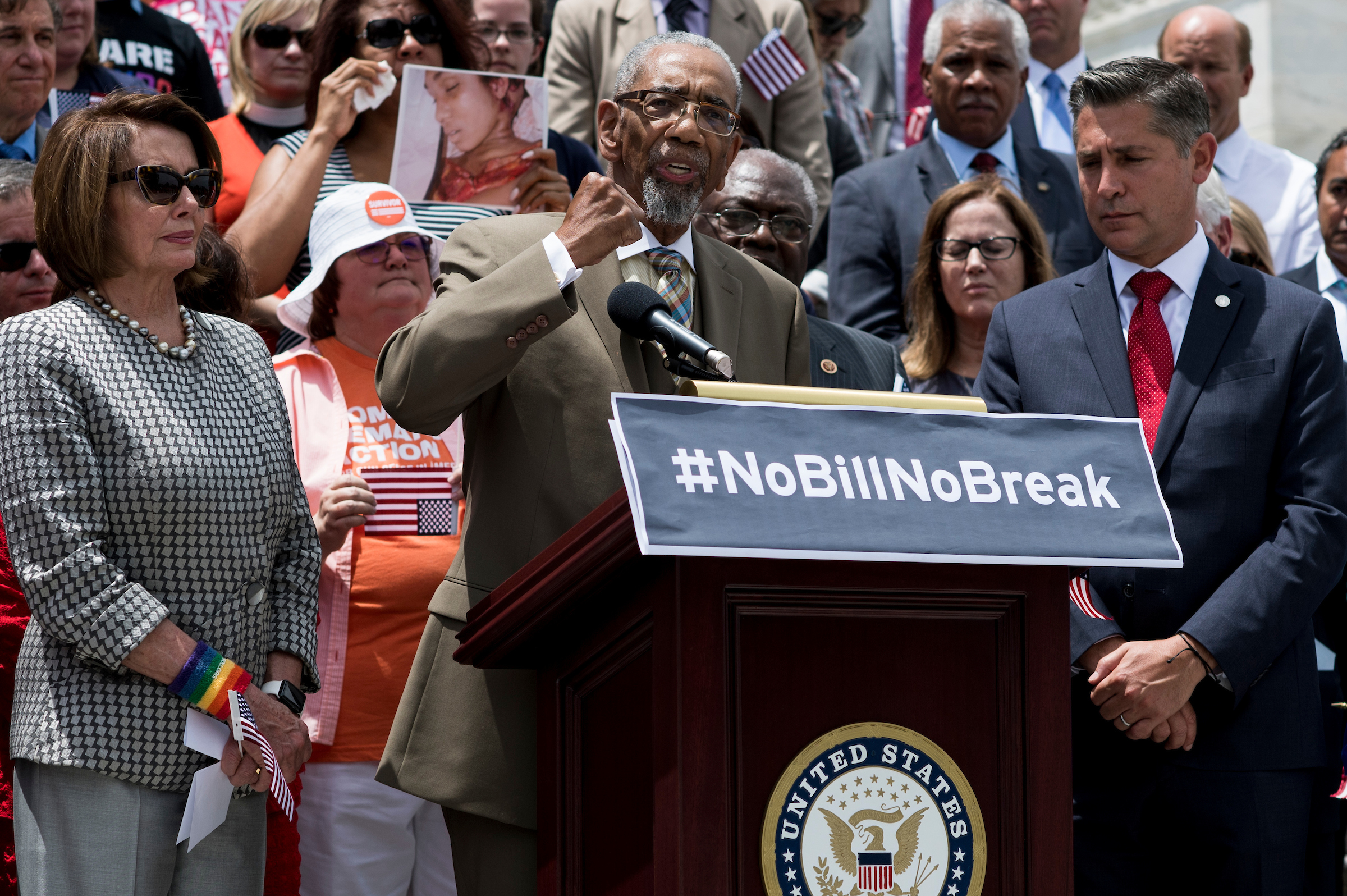 Rep. Bobby Rush, D-Ill., flanked by then-House Minority Leader Nancy Pelosi and Dan Gross, president of the Brady Campaign to Prevent Gun Violence, speaks about his family's experience with gun violence in 2016. (Bill Clark/CQ Roll Call file photo)