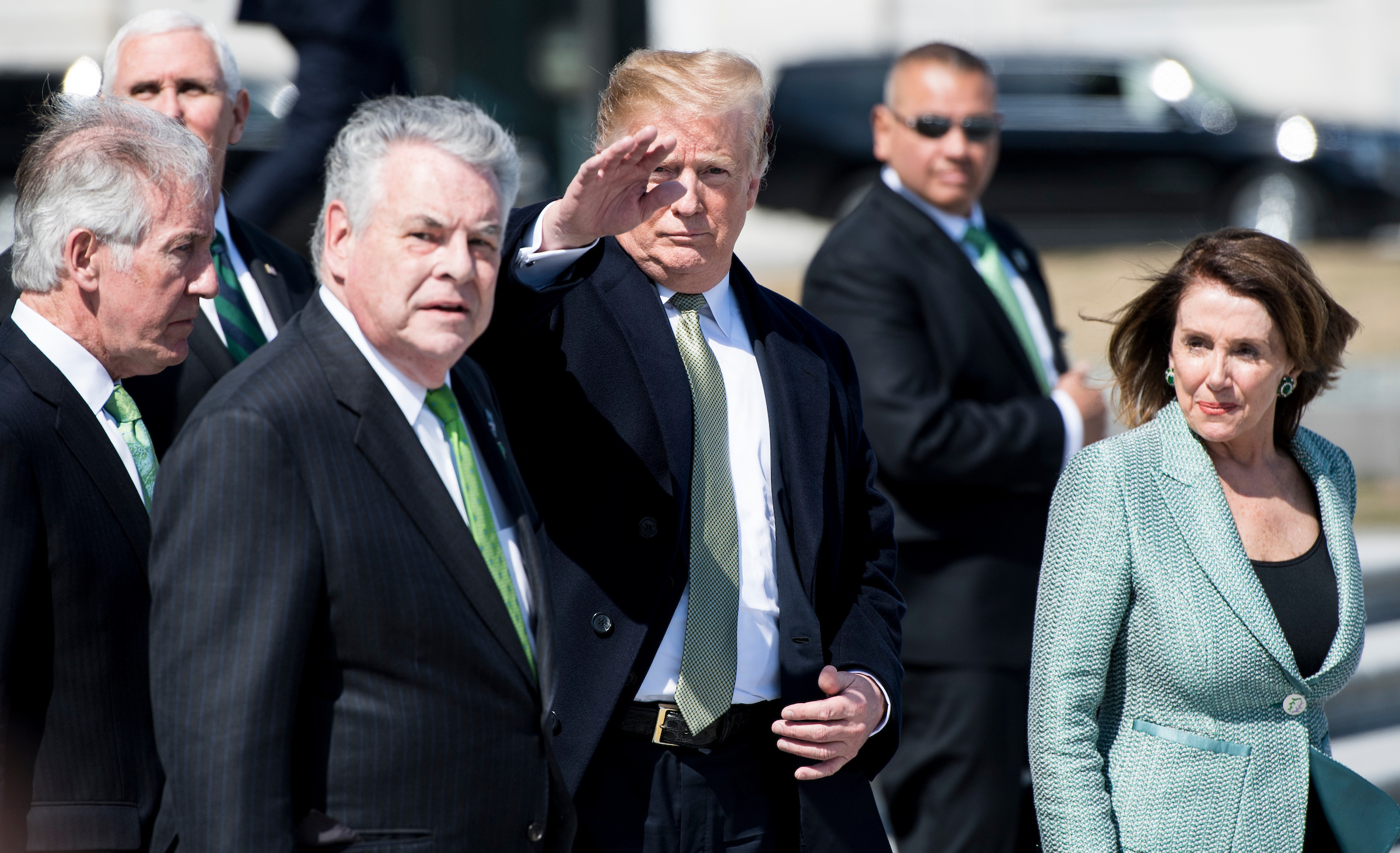 UNITED STATES - MARCH 14: From left, Rep. Richard Neal, D-Mass., Vice President Mike Pence, Rep. Peter King, R-N.Y., President Donald Trump, and Speaker of the House Nancy Pelosi, D-Calif., exit the Capitol after the annual Friends of Ireland Luncheon on Thursday, March 14, 2019. (Photo By Bill Clark/CQ Roll Call)